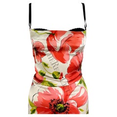 S/S 2001 Dolce & Gabbana Ruched Stretch Bustier Bodycon White Red Poppy Gown