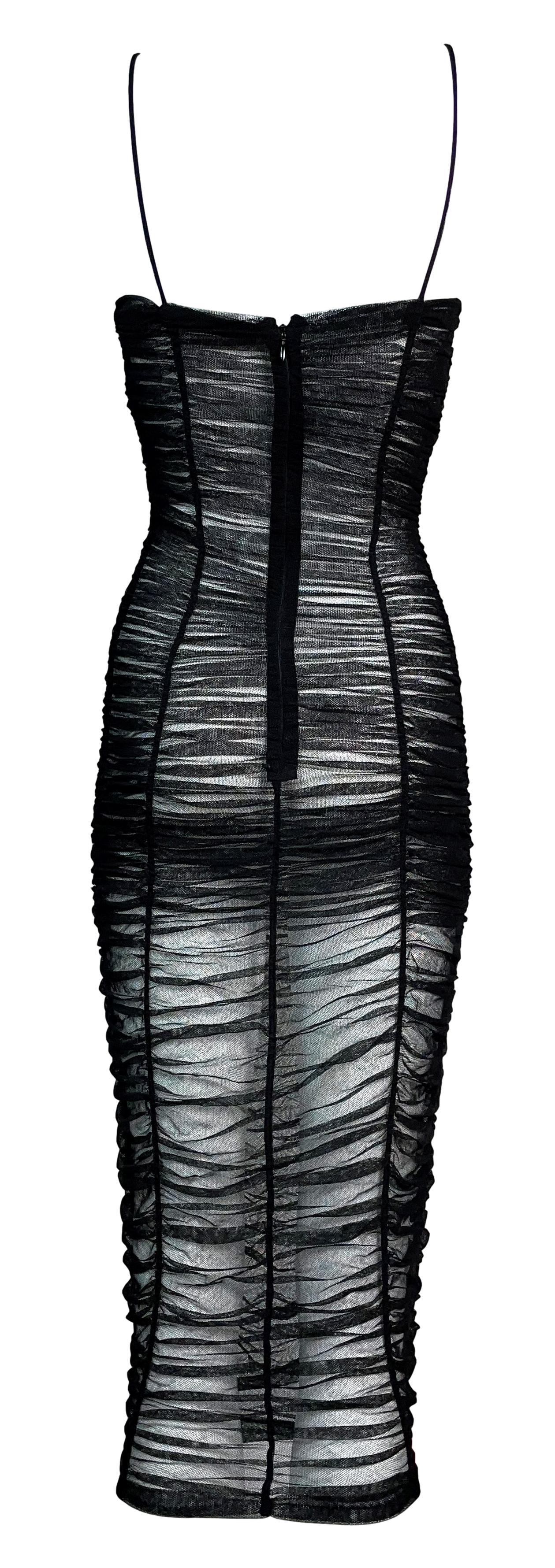 S/S 2001 Dolce & Gabbana Runway Sheer Black Ruched Mesh Wiggle Pin-Up Dress In Good Condition In Yukon, OK