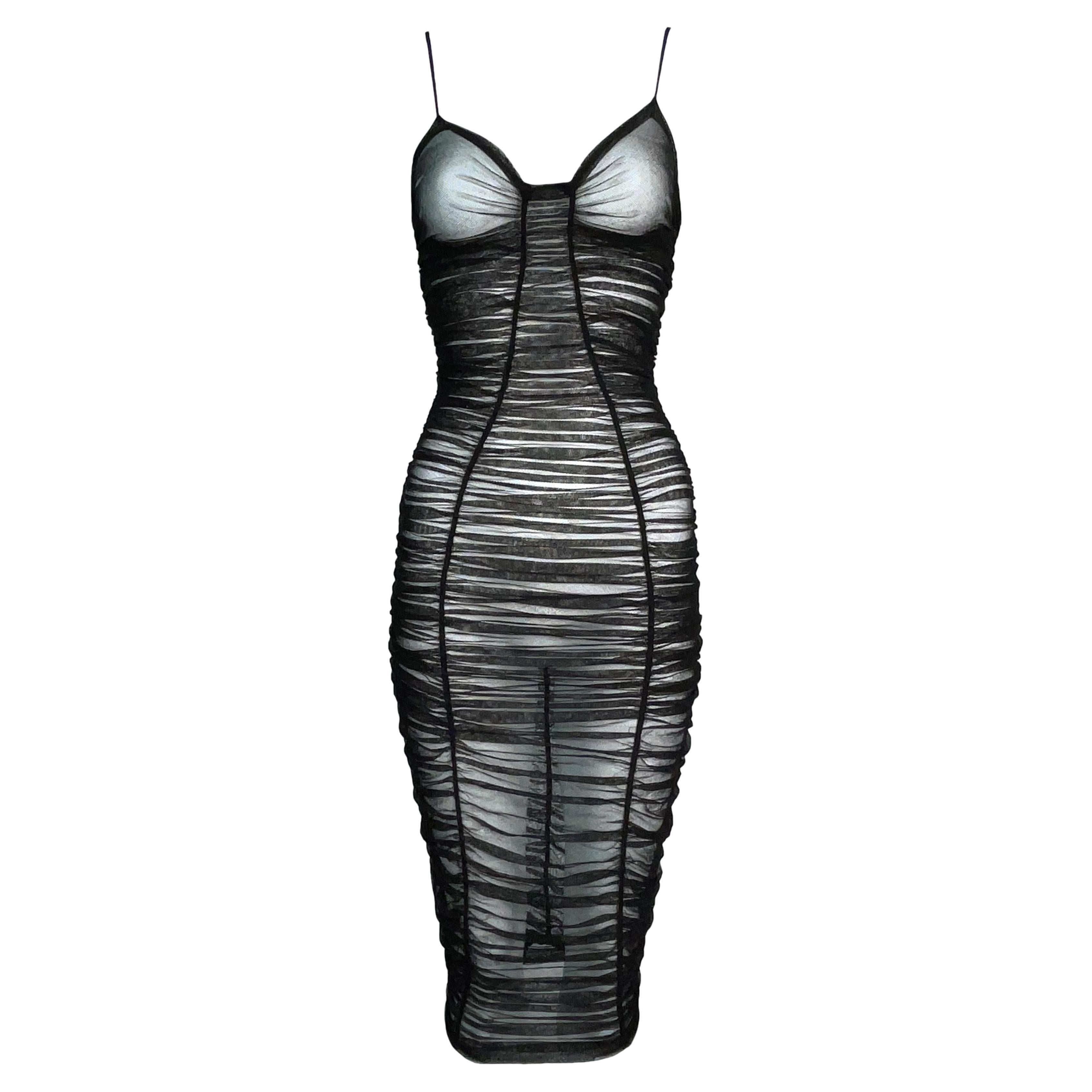 S/S 2001 Dolce & Gabbana Runway Sheer Black Ruched Mesh Wiggle Pin-Up Dress