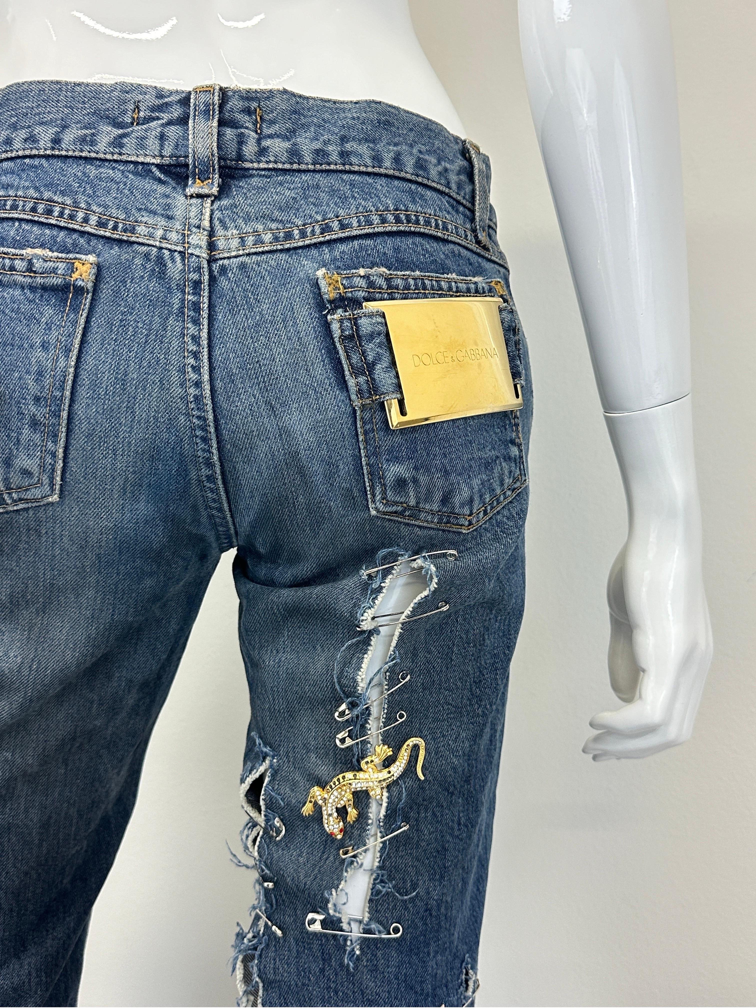 Women's S/S 2001 Dolce & Gabbana runway safety pin punk jeans with broches For Sale