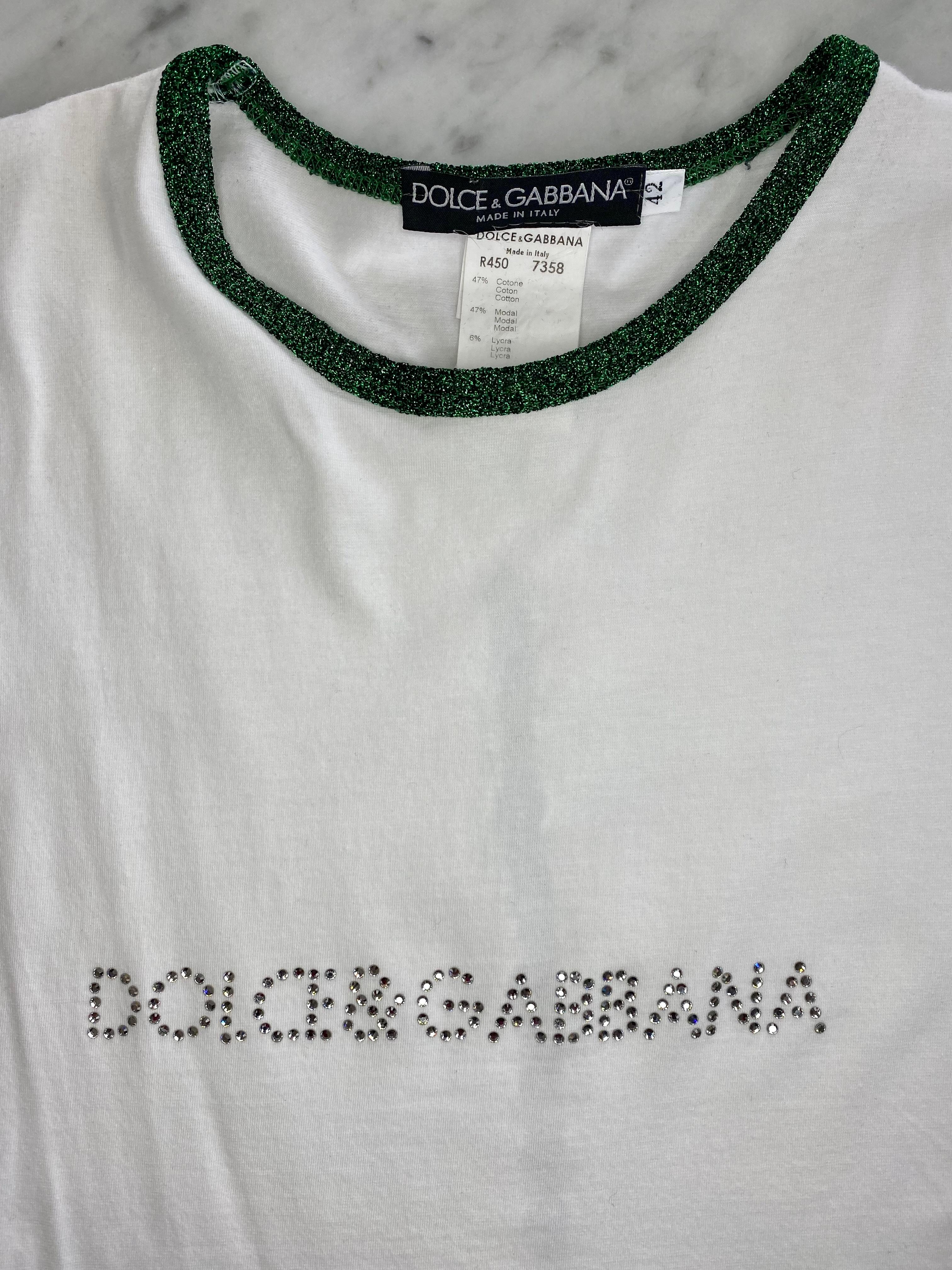 Gray S/S 2001 Dolce & Gabbana Safety Pin Rhinestone Logo Tank Top Metallic Green Trim