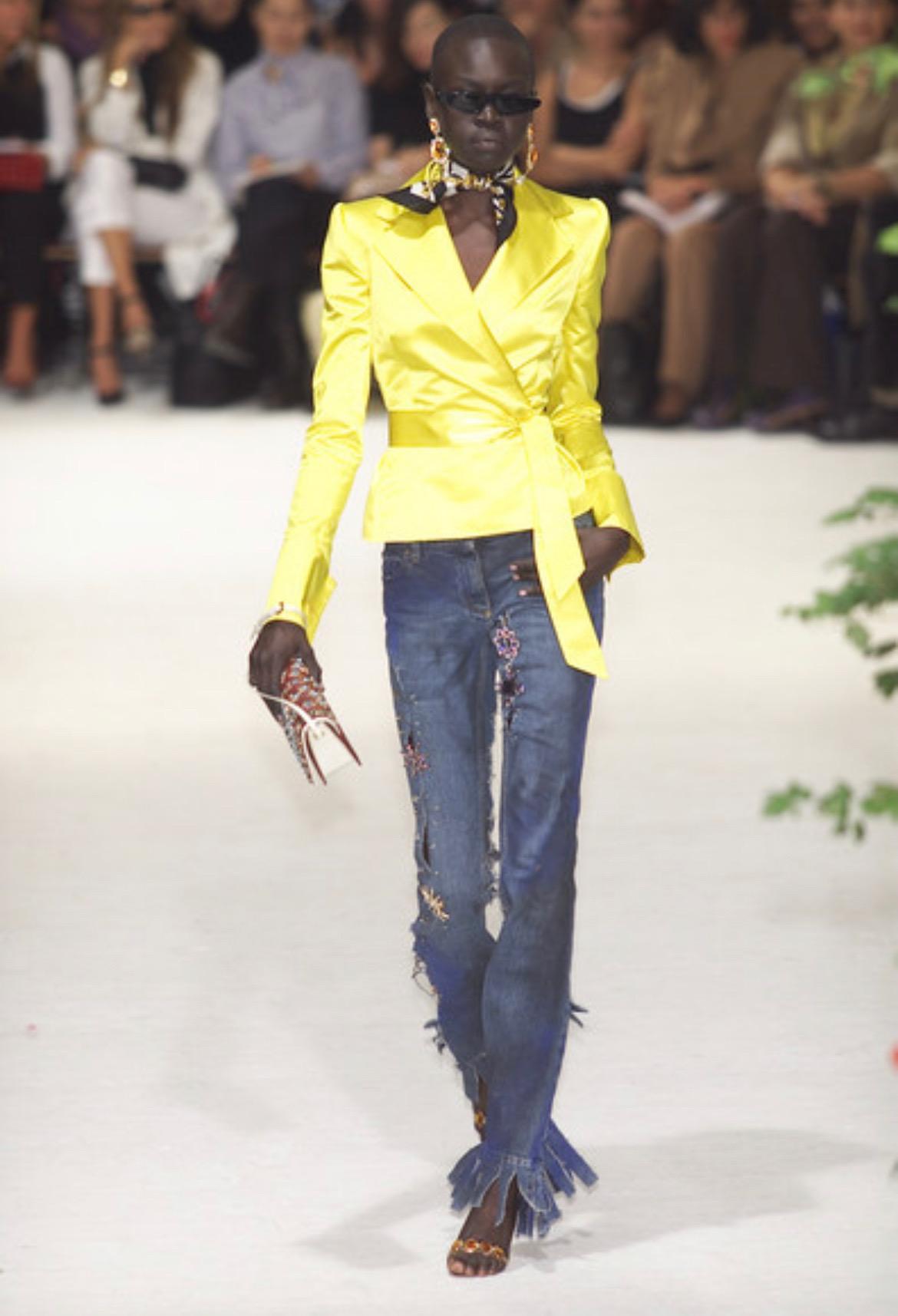Presenting a vibrant electric blue silk satin Dolce and Gabbana blazer. From the Spring/Summer 2001 collection, the yellow version of this jacket debuted on the season's runway as part of look 9 modeled by Alek Wek and, of course, the long version