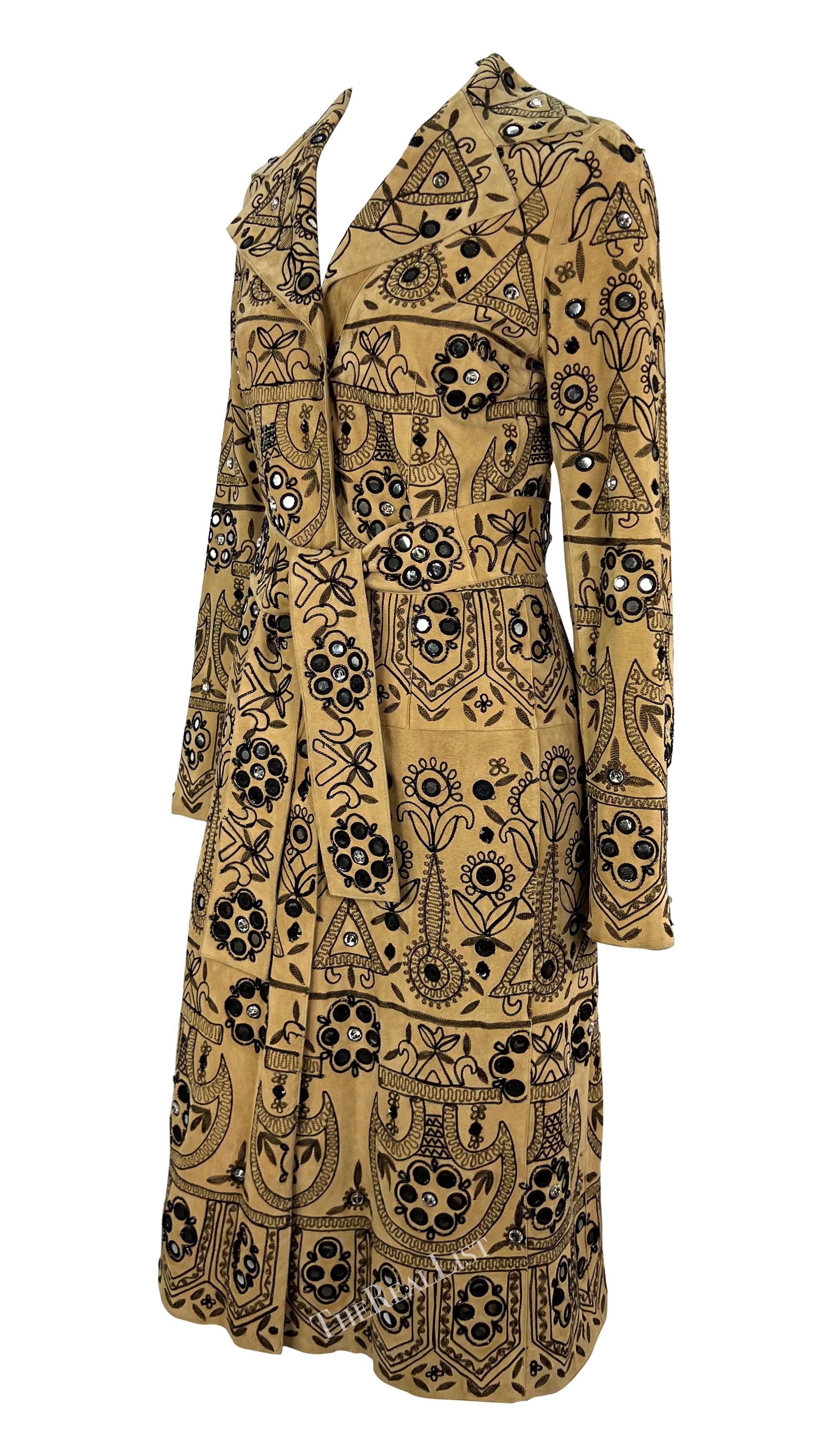 Women's S/S 2001 Dolce & Gabbana Tan Suede Rhinestone Mirror Embroidered Trench Coat For Sale