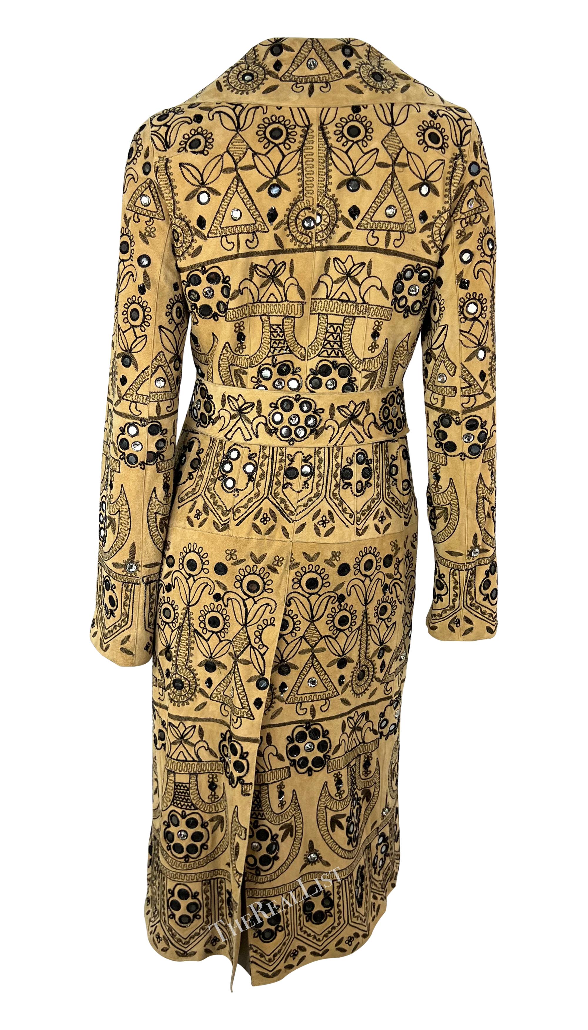 S/S 2001 Dolce & Gabbana Tan Suede Rhinestone Mirror Embroidered Trench Coat For Sale 3