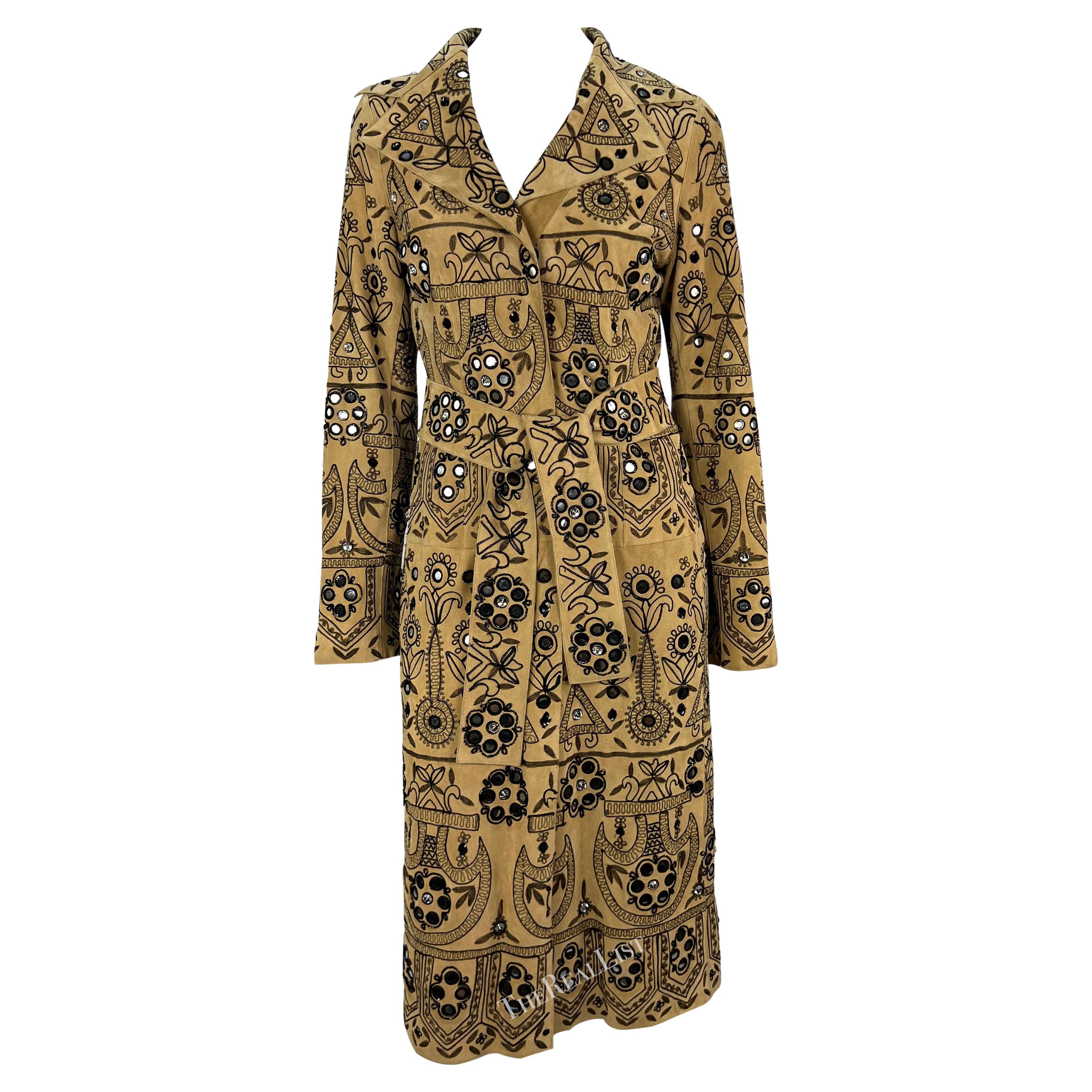 S/S 2001 Dolce & Gabbana Tan Suede Rhinestone Mirror Embroidered Trench Coat For Sale