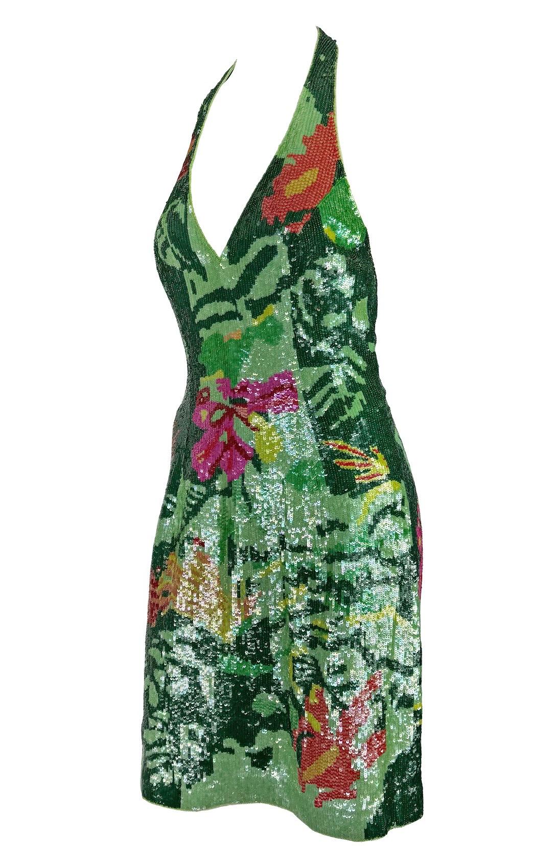S/S 2001 Escada Floral Green Sequin Backless Halter Dress In Excellent Condition For Sale In West Hollywood, CA