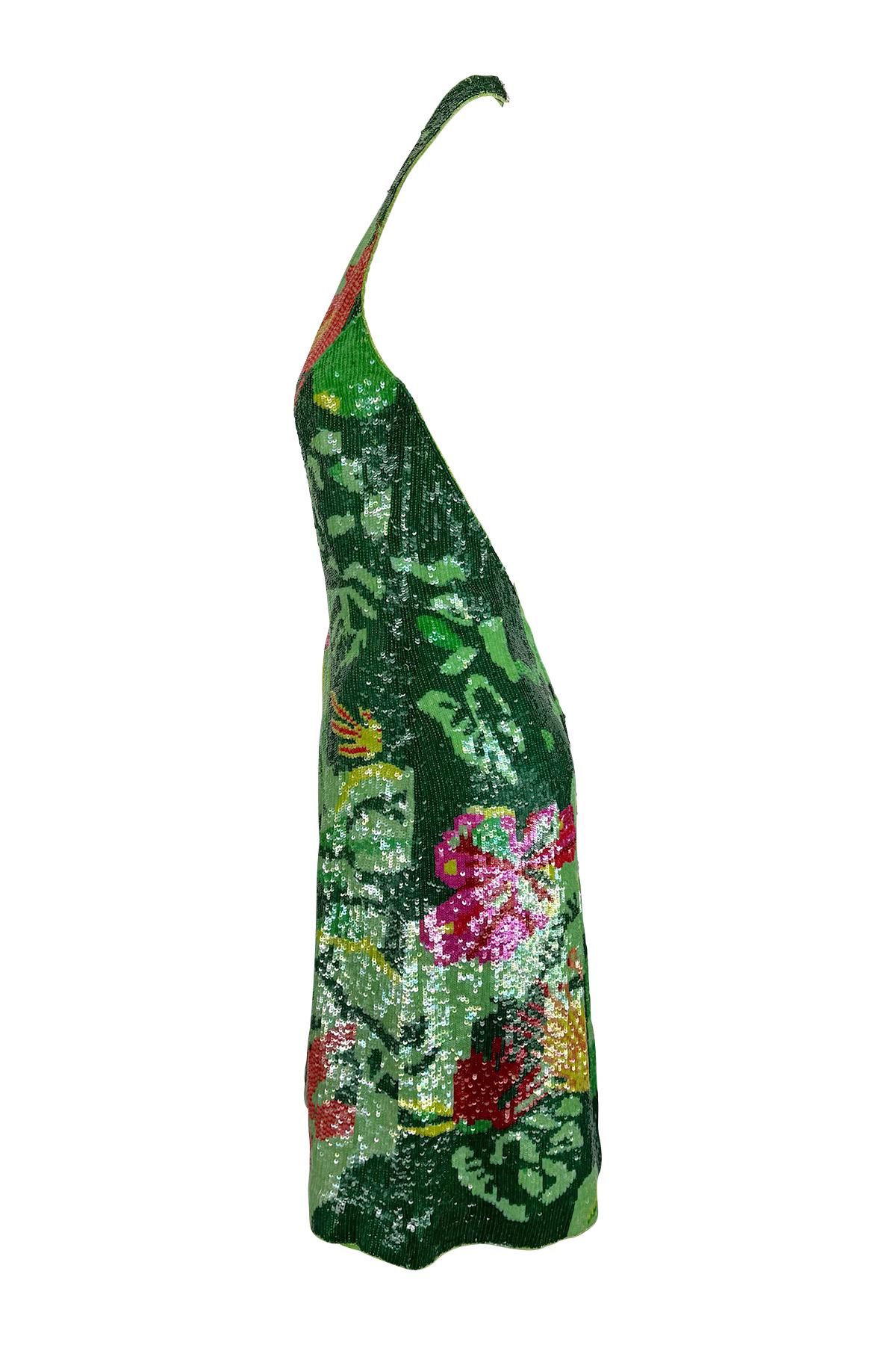 Women's S/S 2001 Escada Floral Green Sequin Backless Halter Dress For Sale