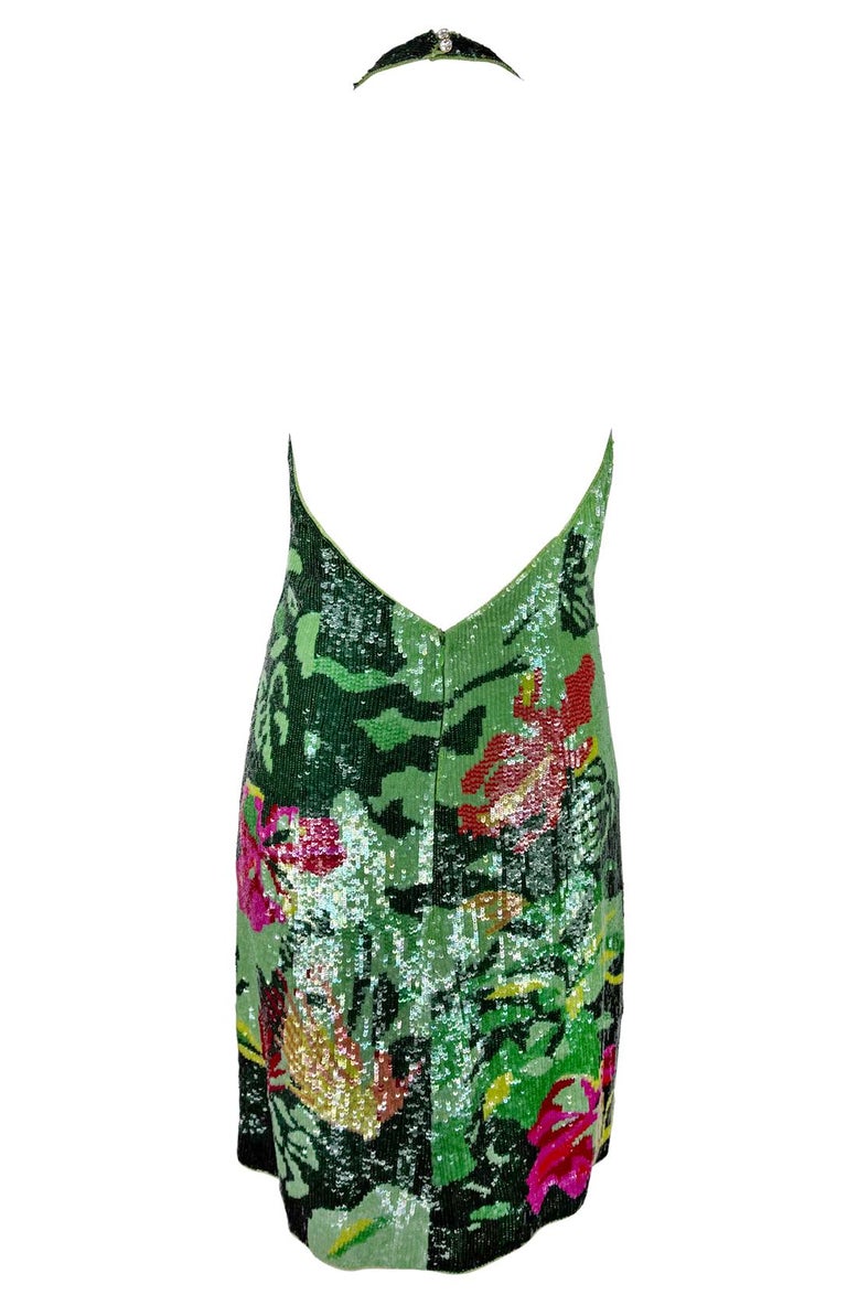 escada green dress S/S 2001 Escada Floral Green Sequin Backless Halter Dress
