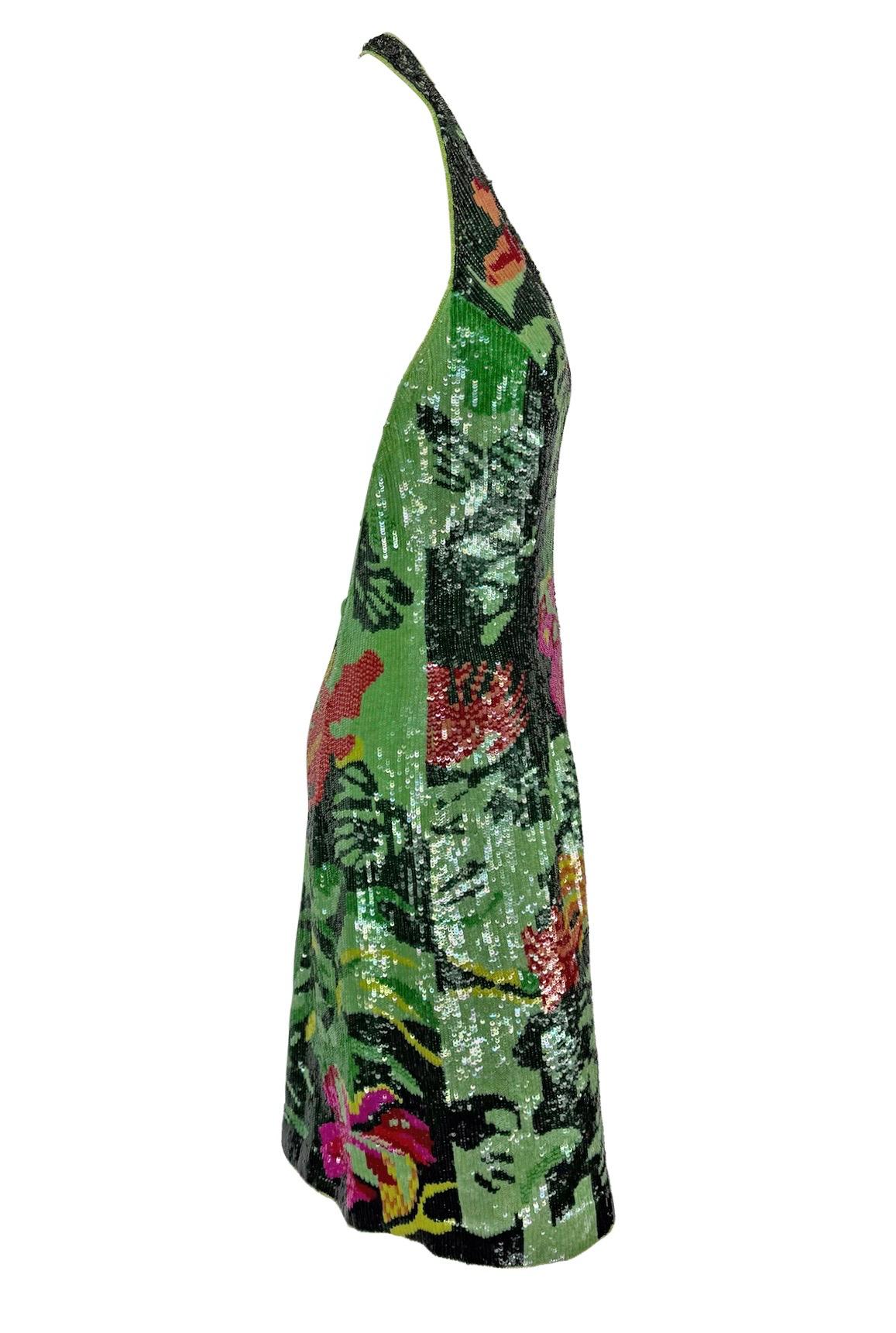 S/S 2001 Escada Floral Green Sequin Backless Halter Dress For Sale 3