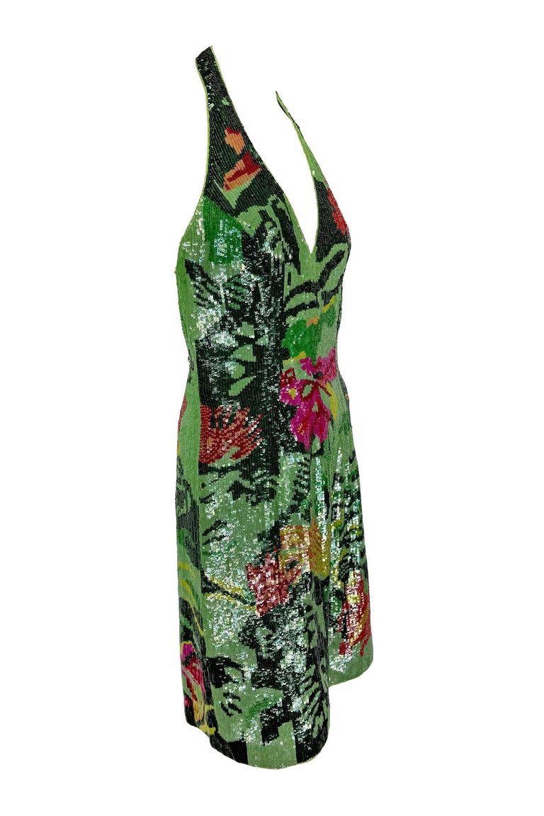 S/s 2001 Escada Floral Green Sequin Backless Halter Dress