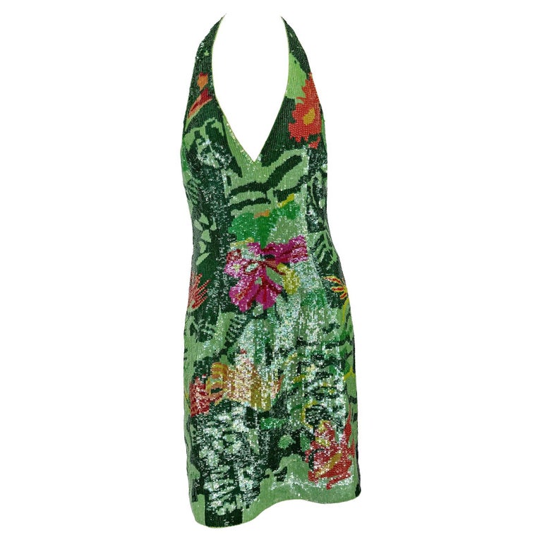 S/S 2001 Escada Floral Green Sequin Backless Halter Dress For Sale at  1stDibs