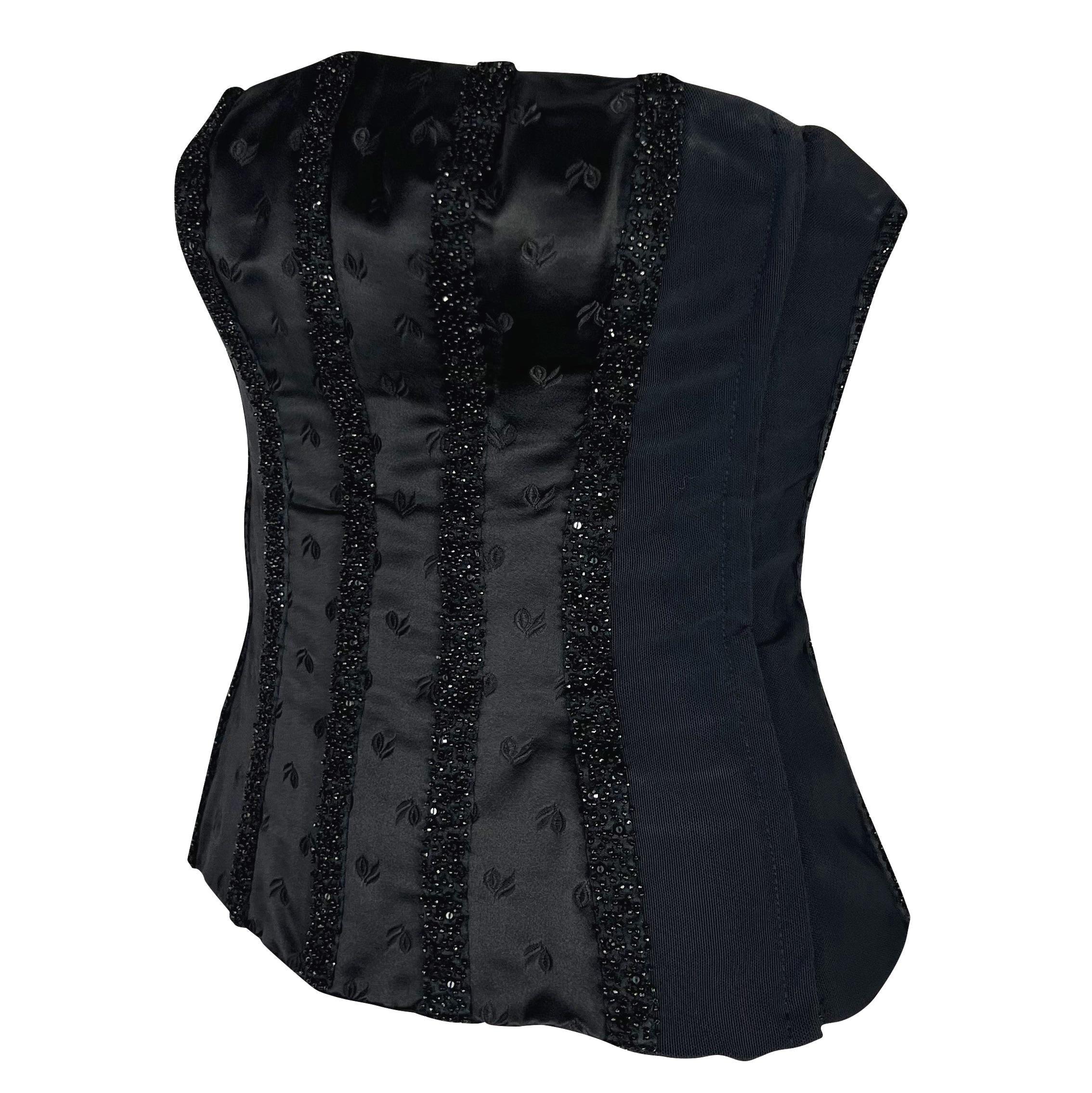 Gianni Versace for Gianni Versace S/S 2001 di Donatella Versace Top bustier nero con pannello di perline In condizioni buone in vendita a West Hollywood, CA