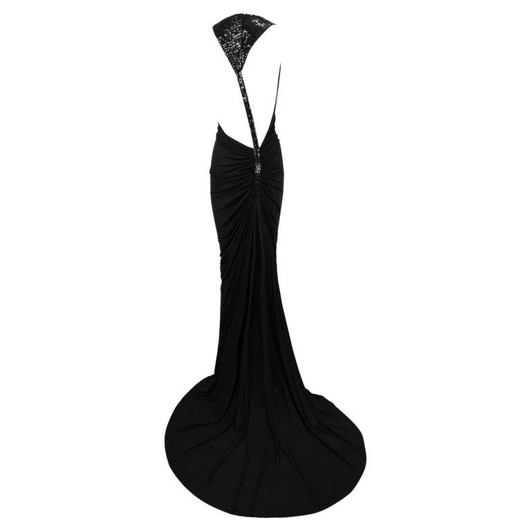 navy blue dress for baby girl S/S 2001 Gianni Versace by Donatella Runway Sheer Black Backless Sequin Gown  For Sale at 1stDibs
