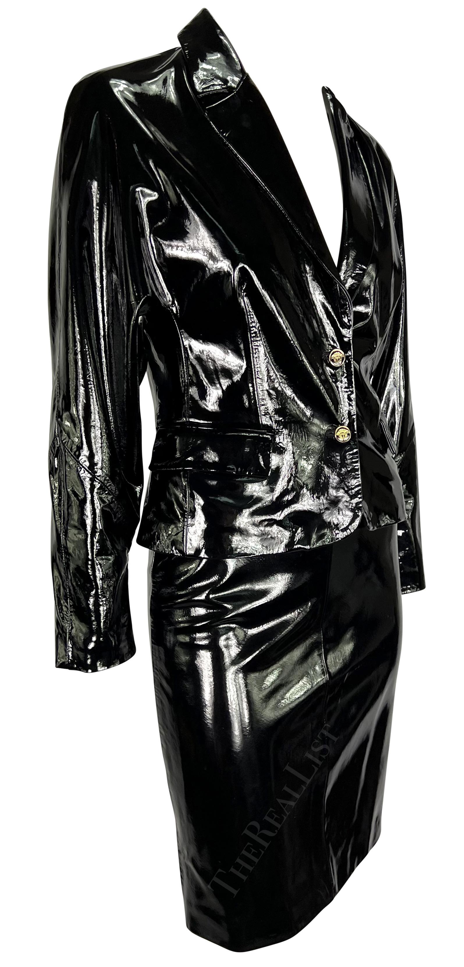 S/S 2001 Gianni Versace by Dontella Runway Black Patent Leather Moto Skirt Suit  8