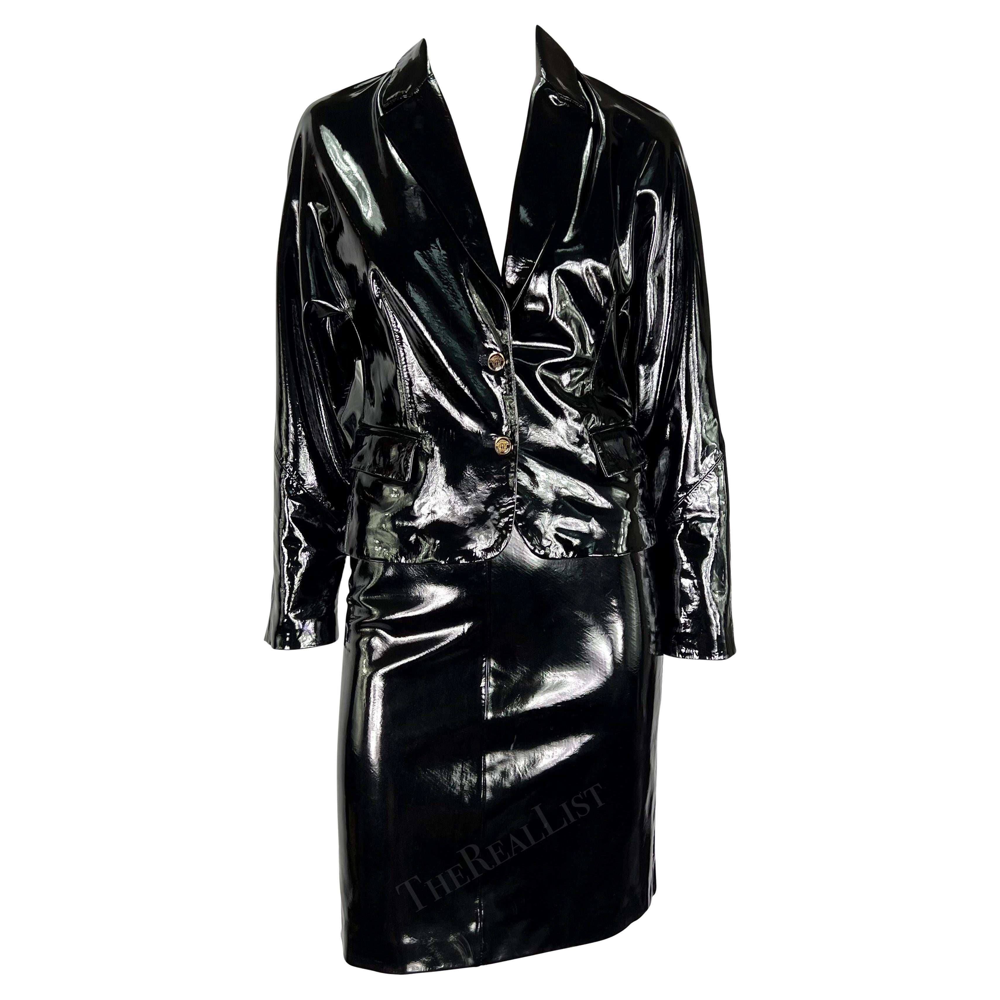 S/S 2001 Gianni Versace by Dontella Runway Black Patent Leather Moto Skirt Suit 