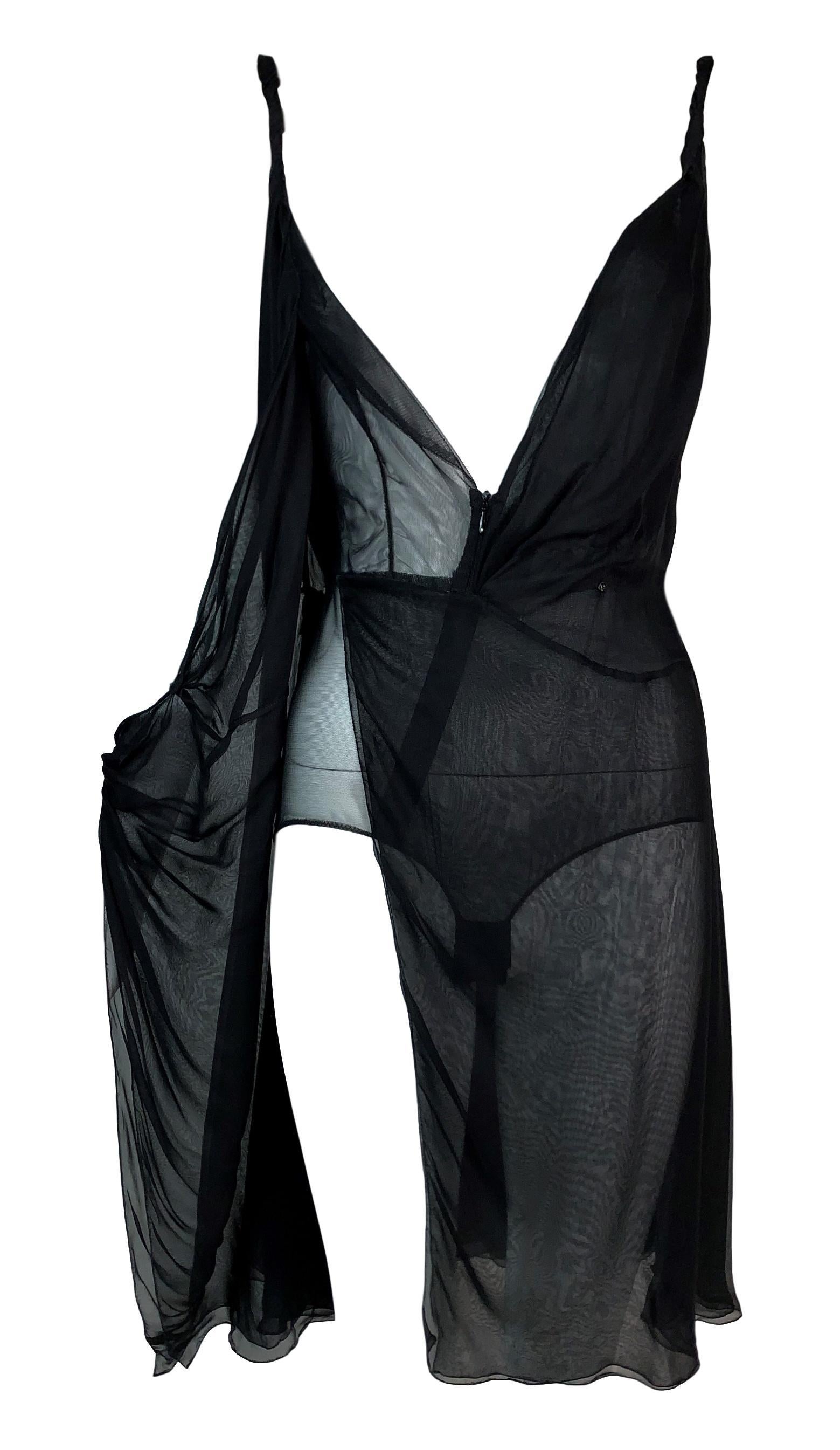 S/S 2001 Gianni Versace Plunging Sheer Black Wrap Bodysuit Mini Dress In Good Condition In Yukon, OK