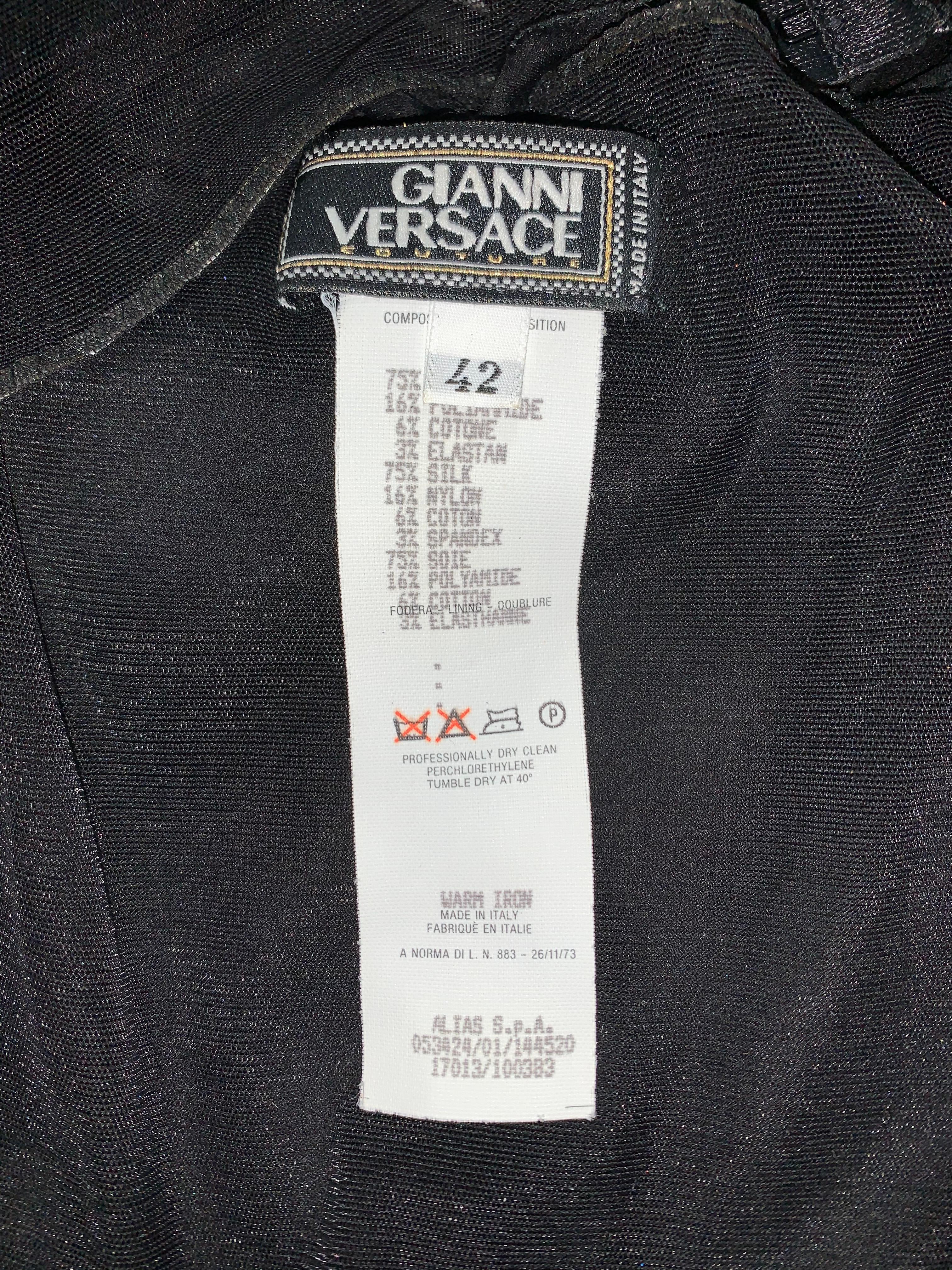 S/S 2001 Gianni Versace Plunging Sheer Black Wrap Bodysuit Mini Dress 1
