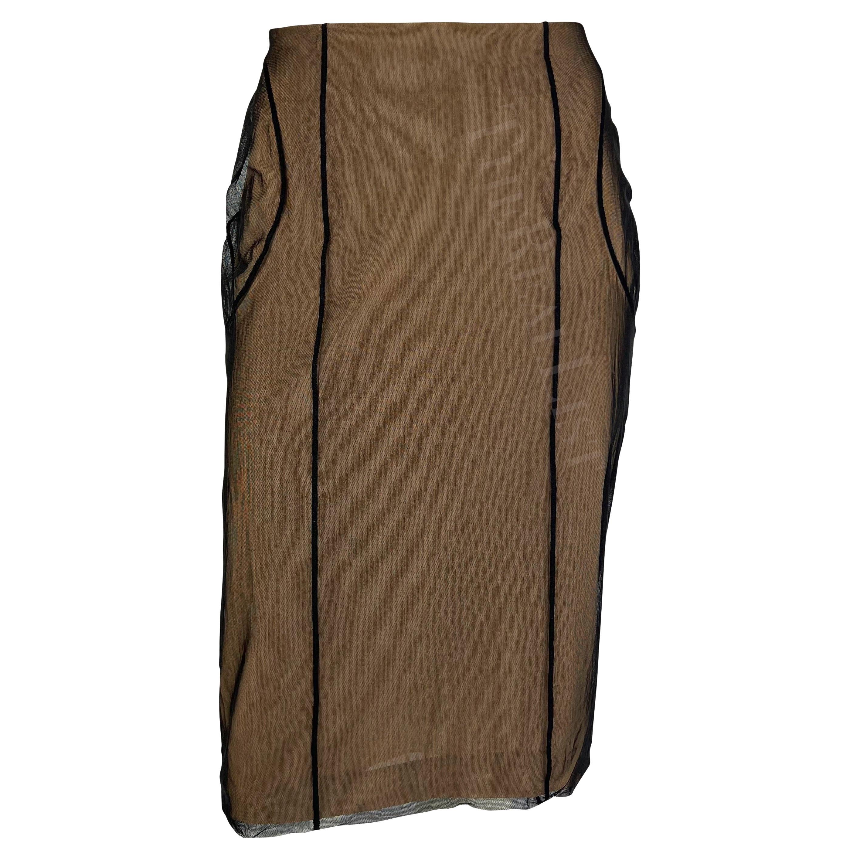 S/S 2001 Gucci by Tom Ford Beige Mesh Tulle Overlay Bodycon Skirt For Sale