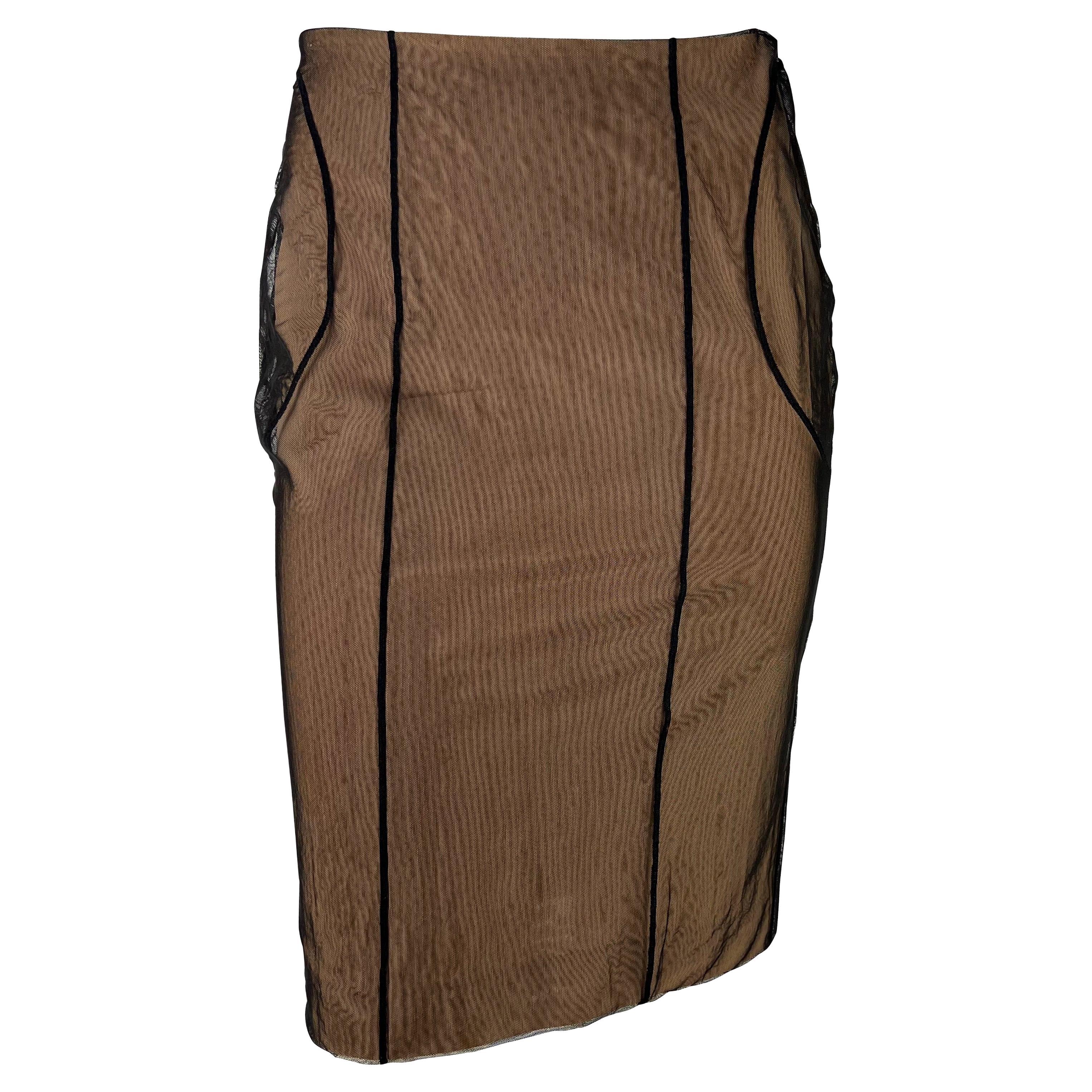 S/S 2001 Gucci by Tom Ford Beige Mesh Tulle Overlay Bodycon Stretch Skirt For Sale