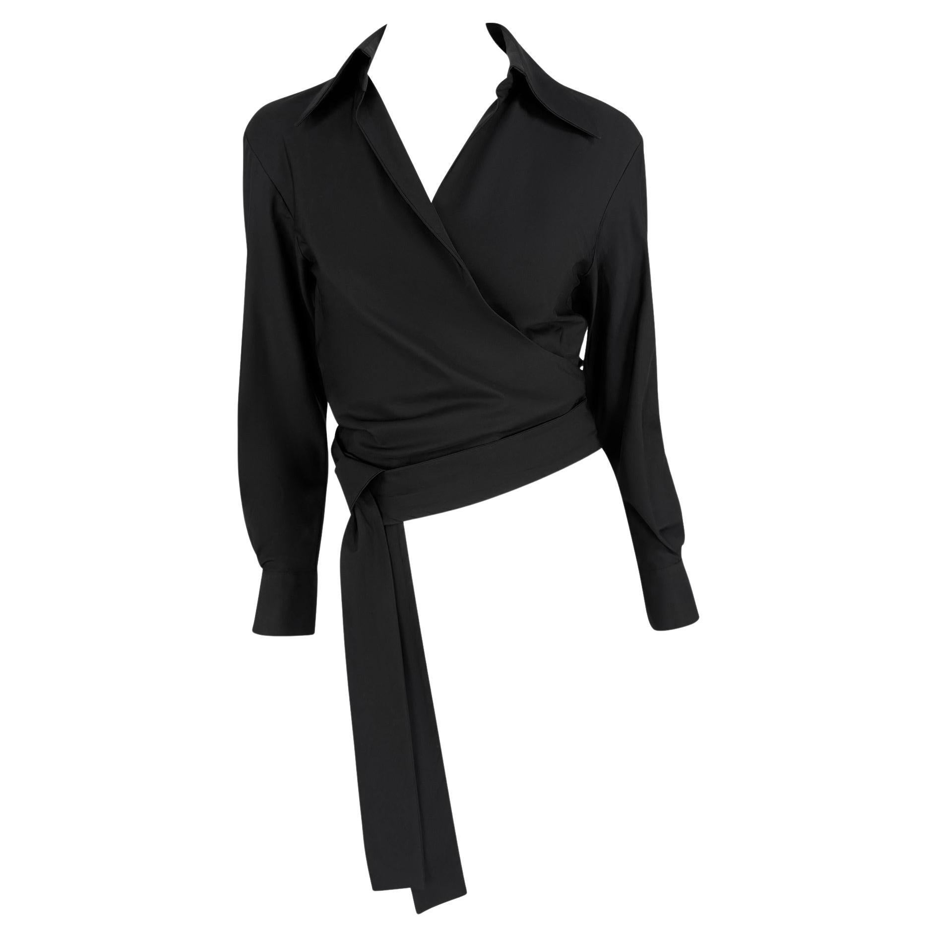 S/S 2001 Gucci by Tom Ford Black Cotton Wrap Style Plunging Collared Crop Top en venta