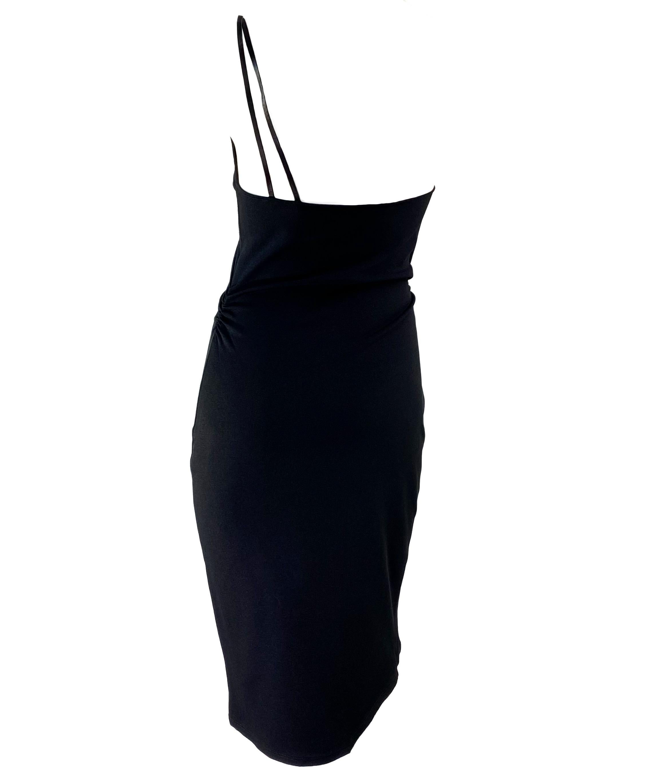 S/S 2001 Gucci by Tom Ford Black Knit Asymmetric Leather Strap Dress In Good Condition For Sale In West Hollywood, CA