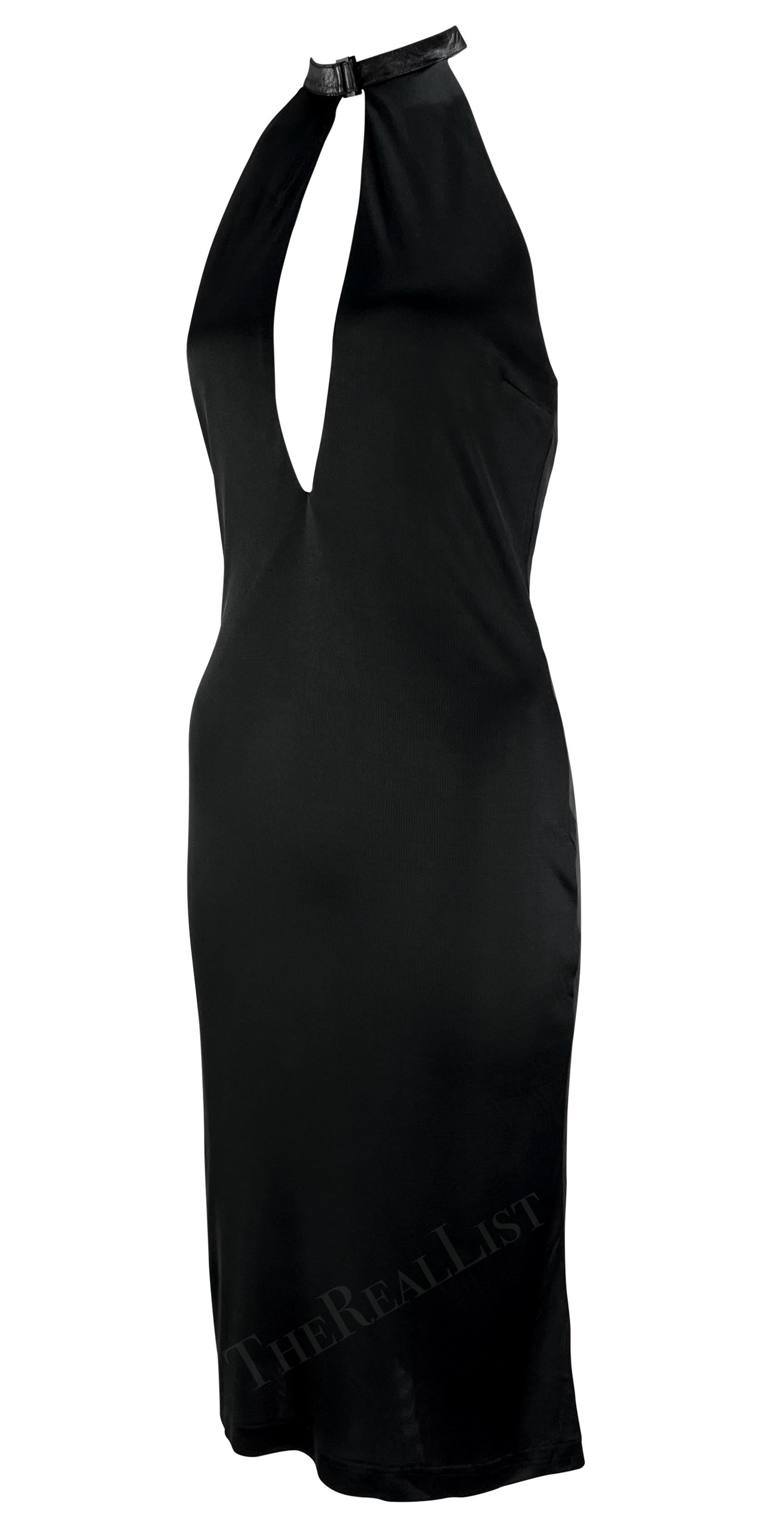 S/S 2001 Gucci by Tom Ford Black Leather Halter Strap Plunging Backless Dress In Excellent Condition In West Hollywood, CA