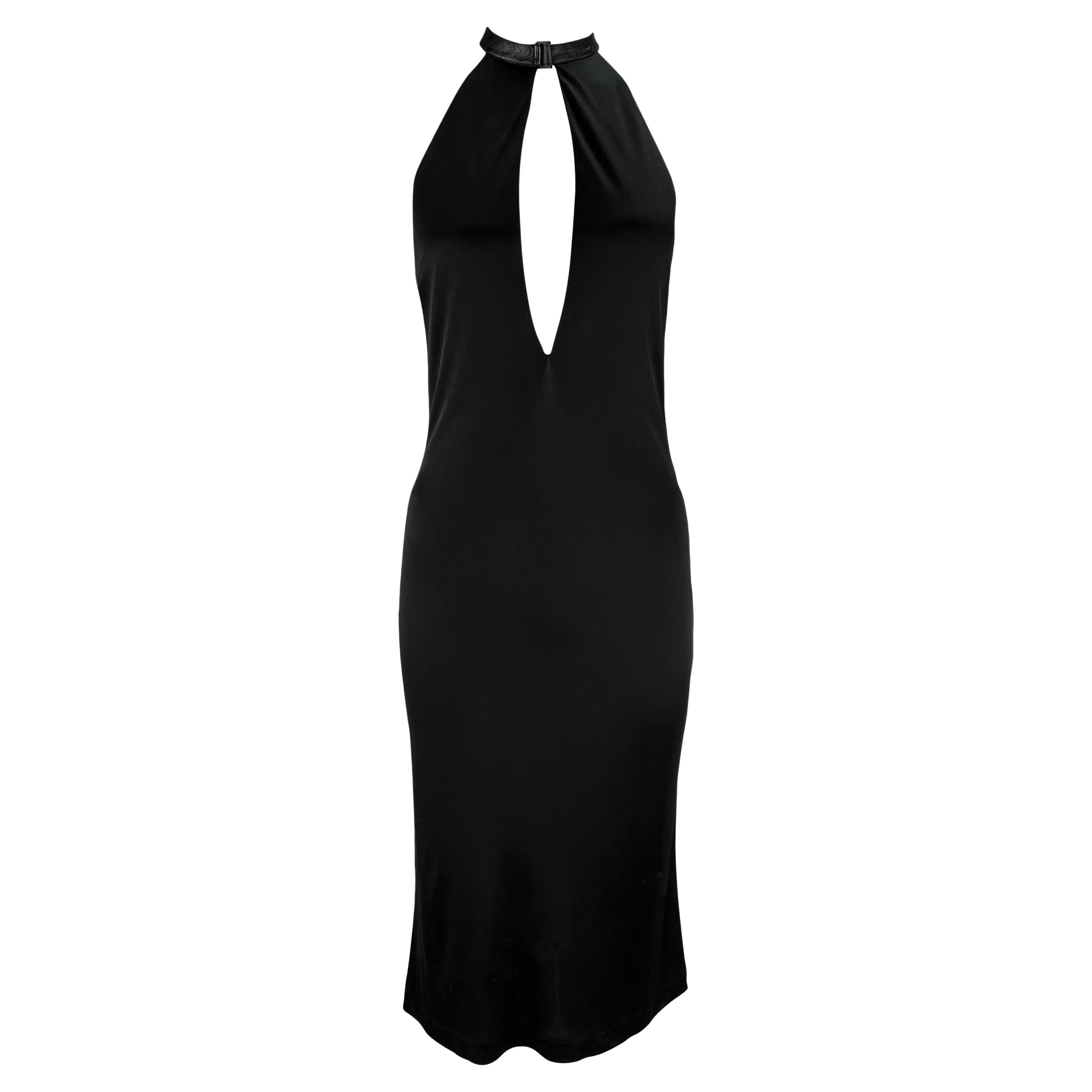 S/S 2001 Gucci by Tom Ford Black Leather Halter Strap Plunging Backless Dress For Sale
