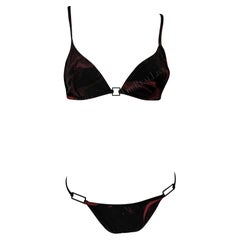 Used S/S 2001 Gucci by Tom Ford Black Red Magma Print Logo Buckle Bikini Two-Piece