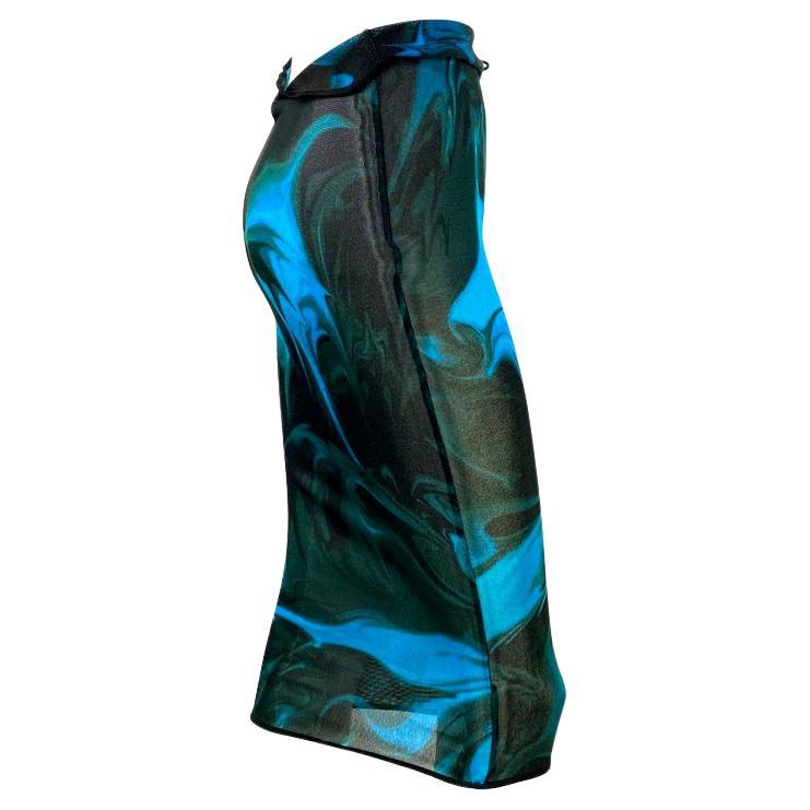 Black S/S 2001 Gucci by Tom Ford Blue Green Liquid Magma Print Sheer Knit Tie Skirt For Sale