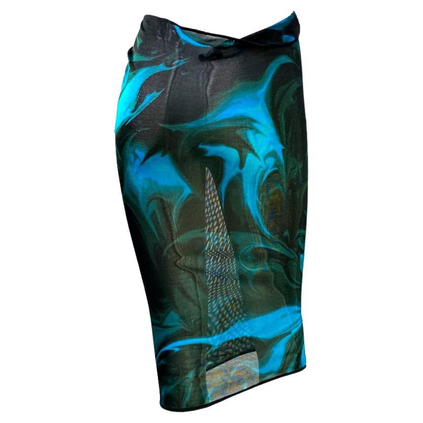 S/S 2001 Gucci by Tom Ford Blue Green Liquid Magma Print Sheer Knit Tie Skirt In Excellent Condition For Sale In West Hollywood, CA