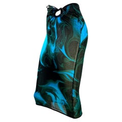S/S 2001 Gucci by Tom Ford Blue Green Liquid Magma Print Sheer Knit Tie Skirt