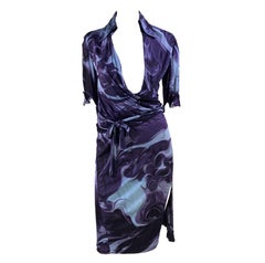 S/S 2001 Gucci by Tom Ford Blue Purple Magma Print Wrap Blouse Skirt Set