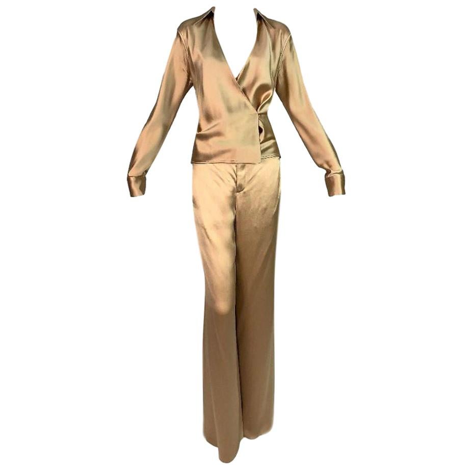 S/S 2001 Gucci by Tom Ford Champagne Silk Satin Wrap Top Wide Leg Pants Set