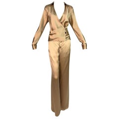 S/S 2001 Gucci by Tom Ford Champagne Silk Satin Wrap Top Wide Leg Pants Set