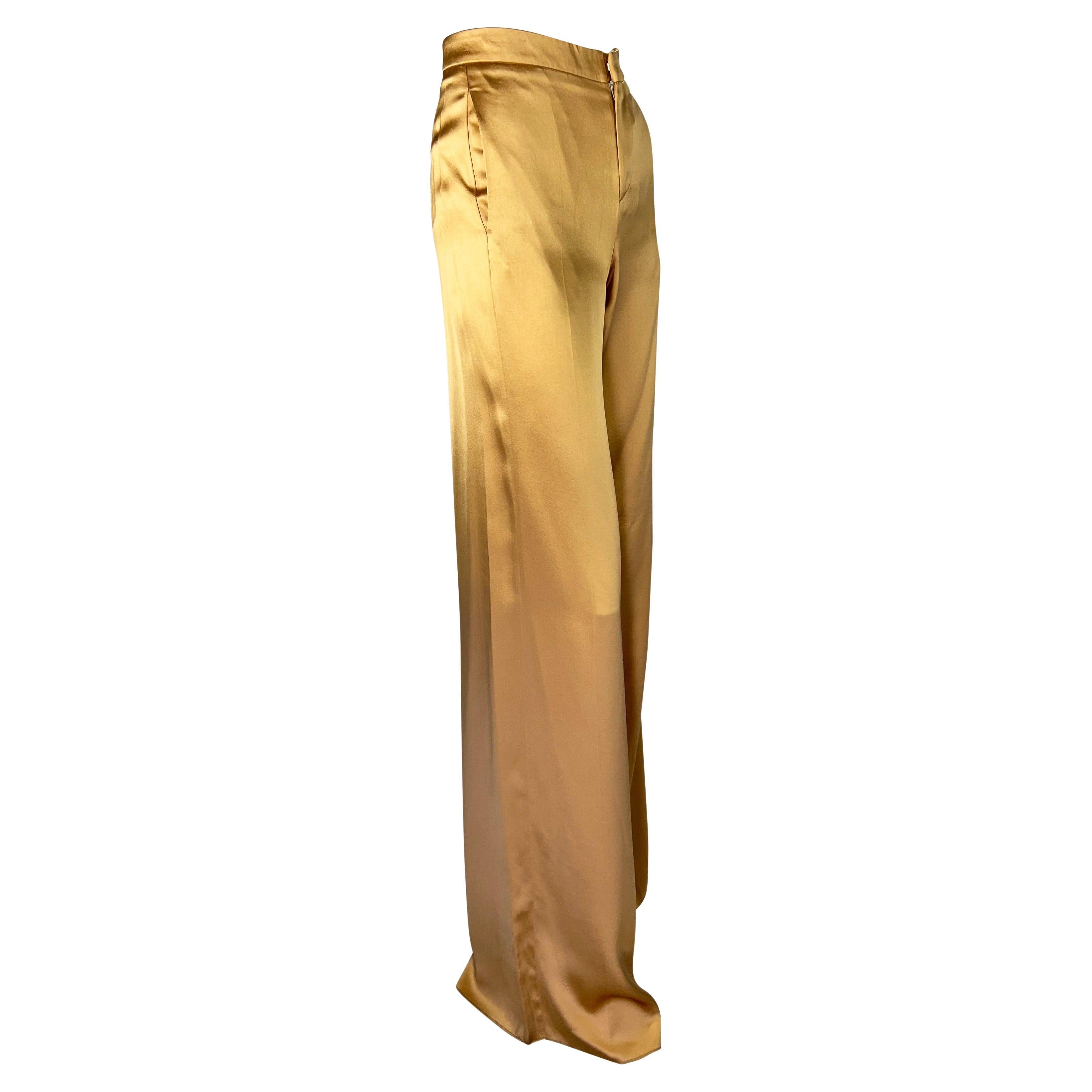 Brown S/S 2001 Gucci by Tom Ford Gold Liquid Silk Blend Satin Wide-Leg Pants For Sale