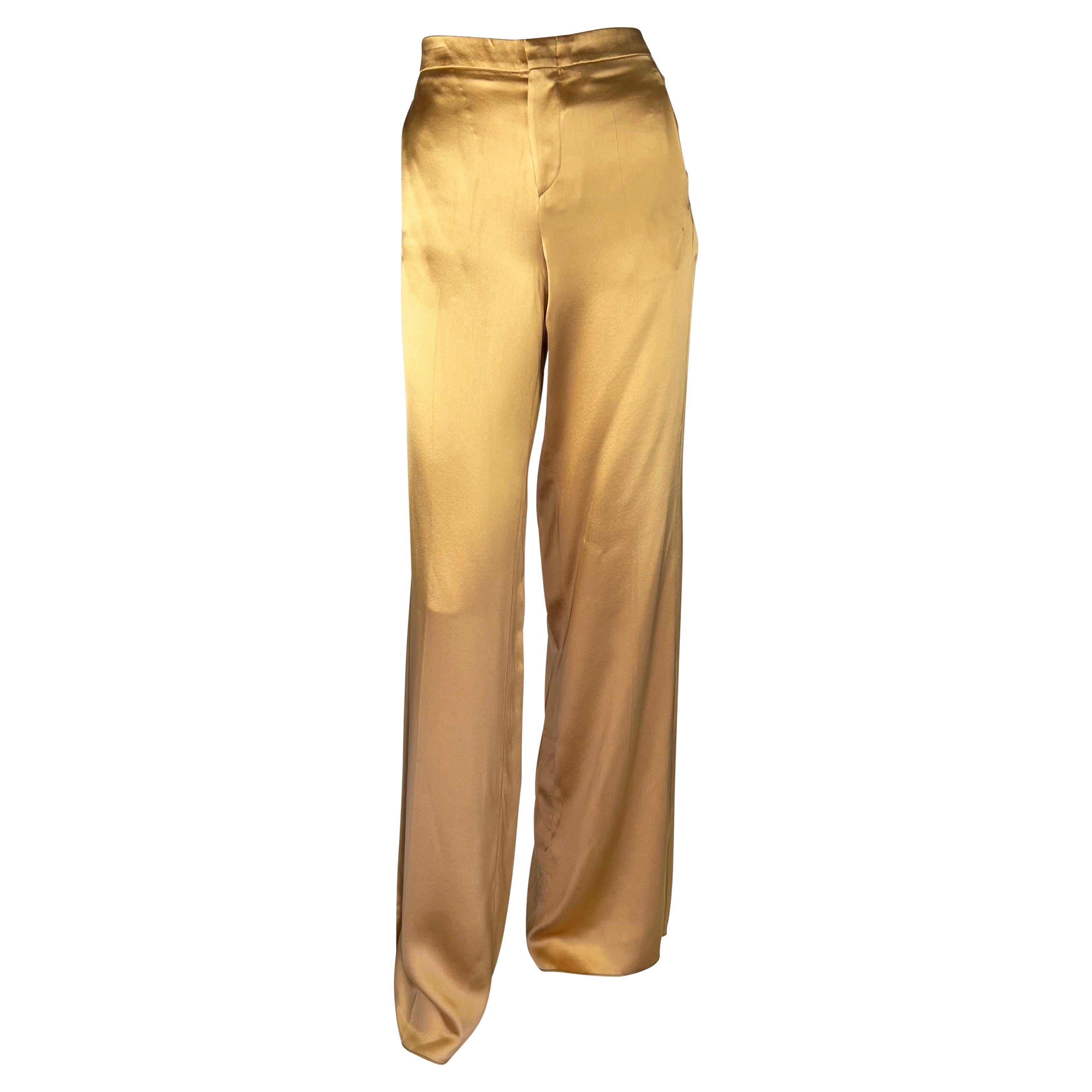 S/S 2001 Gucci by Tom Ford Gold Liquid Silk Blend Satin Wide-Leg Pants For Sale