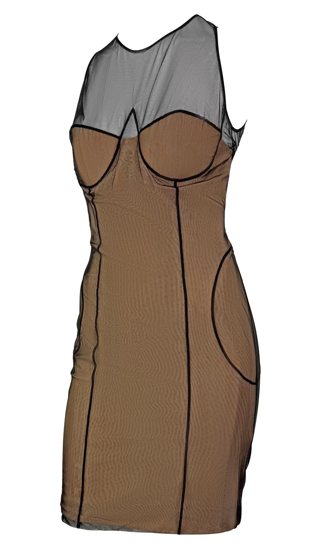 Women's S/S 2001 Gucci by Tom Ford Mesh Overlay Beige Corseted Dress For Sale