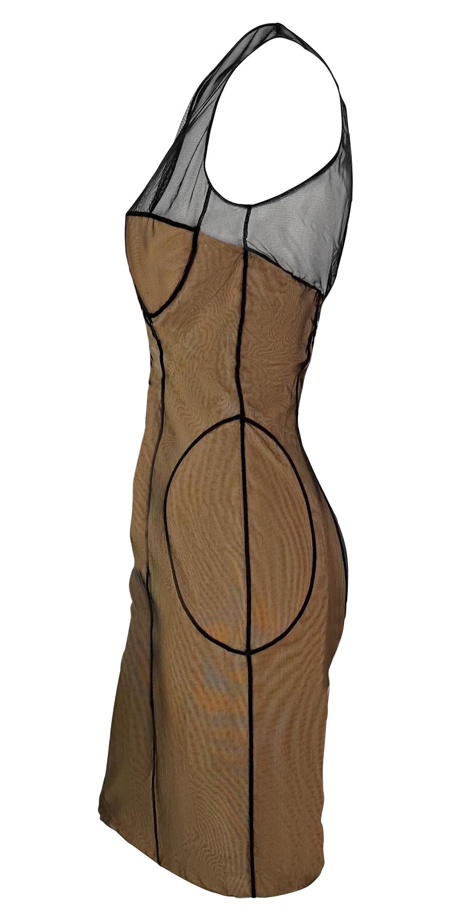 S/S 2001 Gucci by Tom Ford Mesh Overlay Beige Corseted Dress For Sale 1