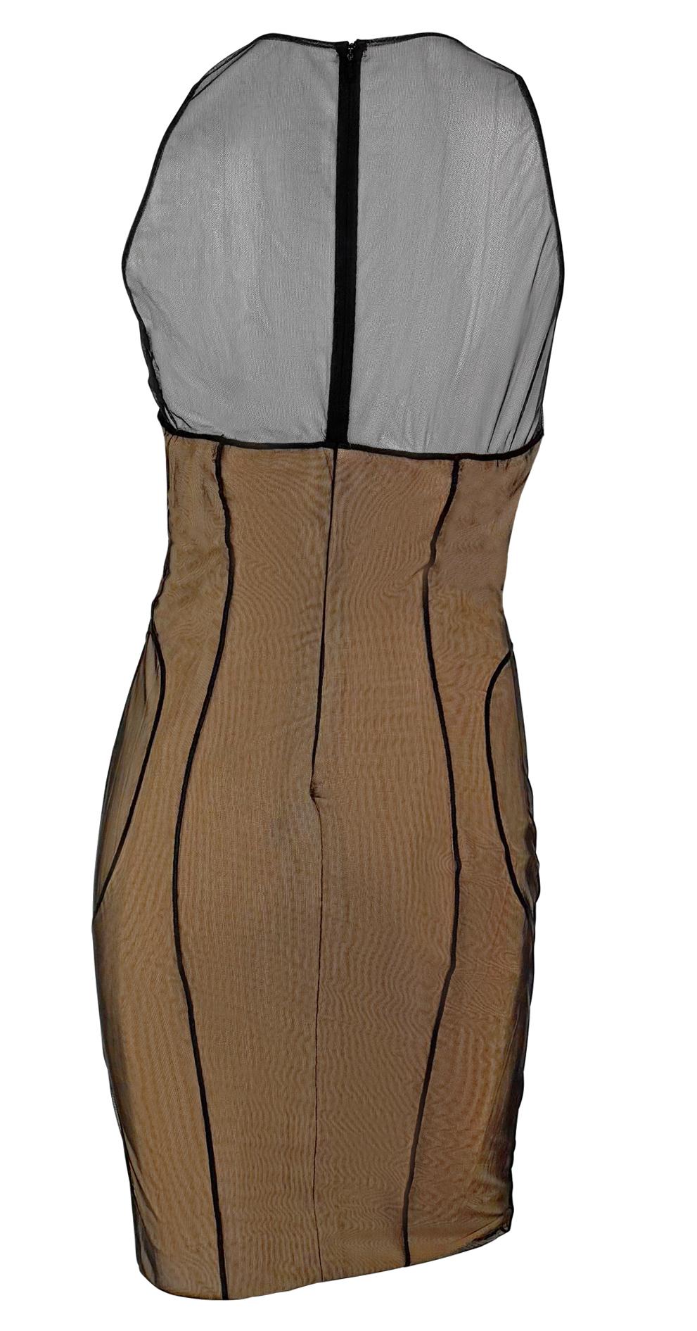 S/S 2001 Gucci by Tom Ford Mesh Overlay Beige Corseted Dress For Sale 2