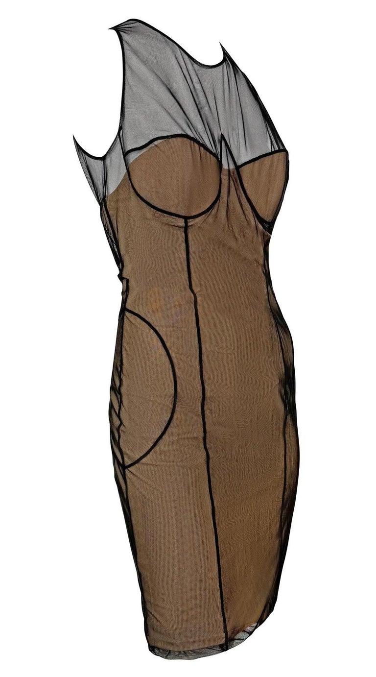 gucci mesh dress S/S 2001 Gucci by Tom Ford Mesh Overlay Beige Corseted Dress