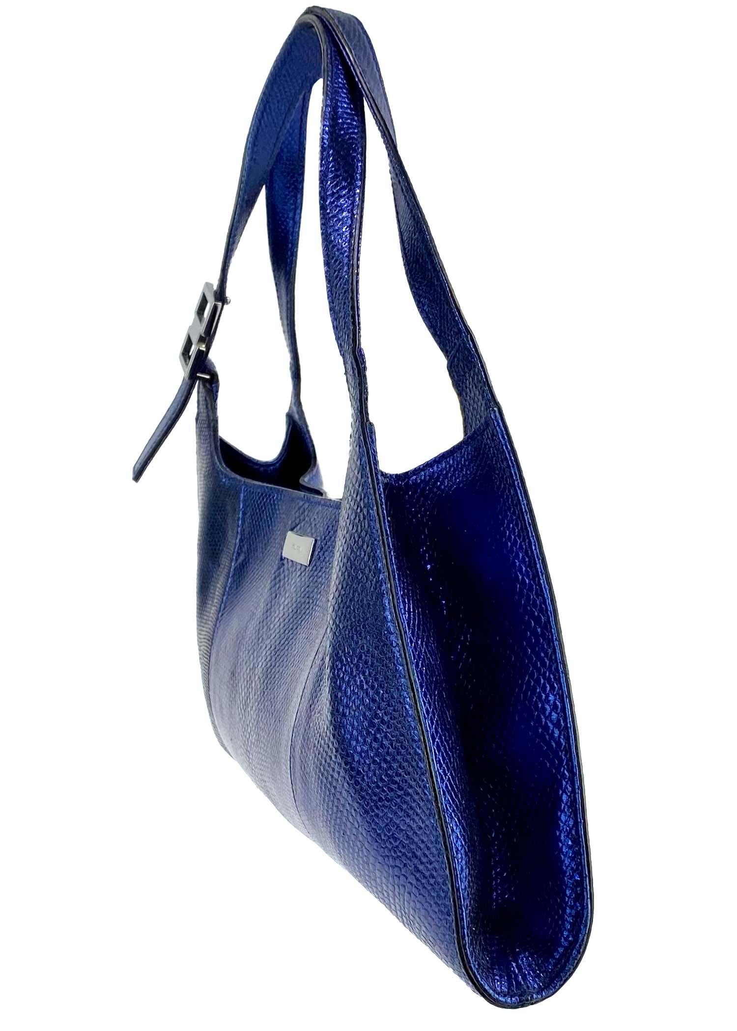 metallic blue handbag