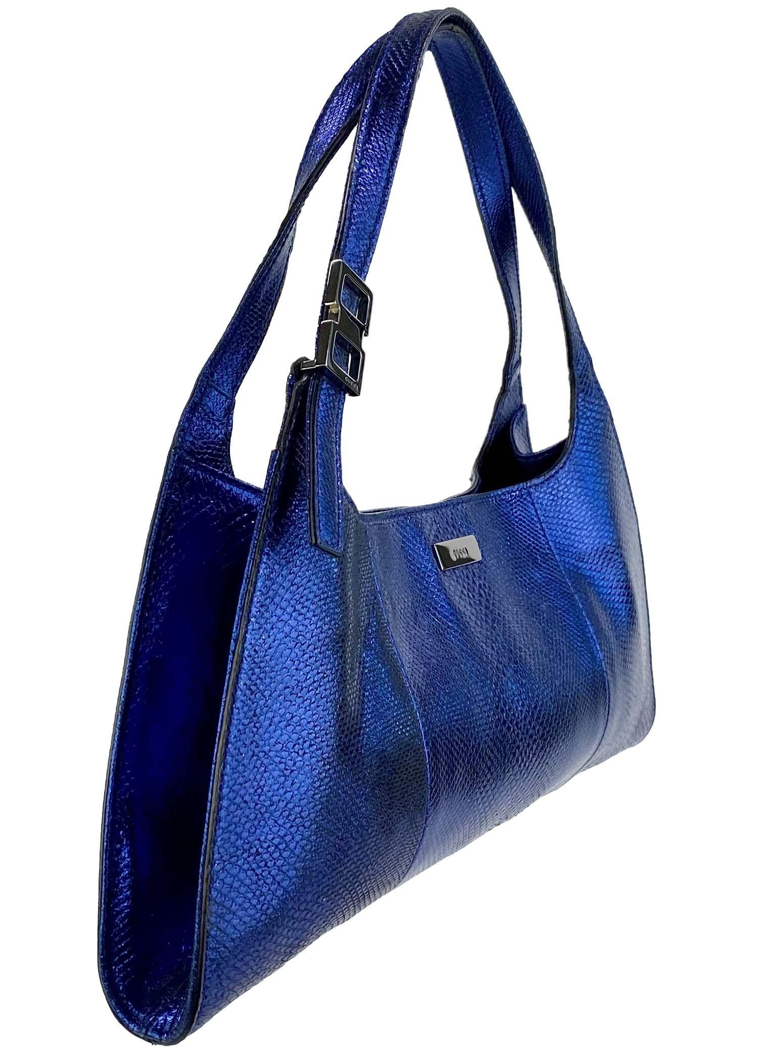 S/S 2001 Gucci by Tom Ford Metallic Blue Lizard Bag In Excellent Condition In West Hollywood, CA