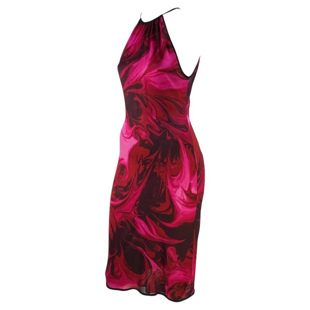 S/S 2001 Gucci by Tom Ford Pink Liquid Magma Print Stretch Knit Halter Dress