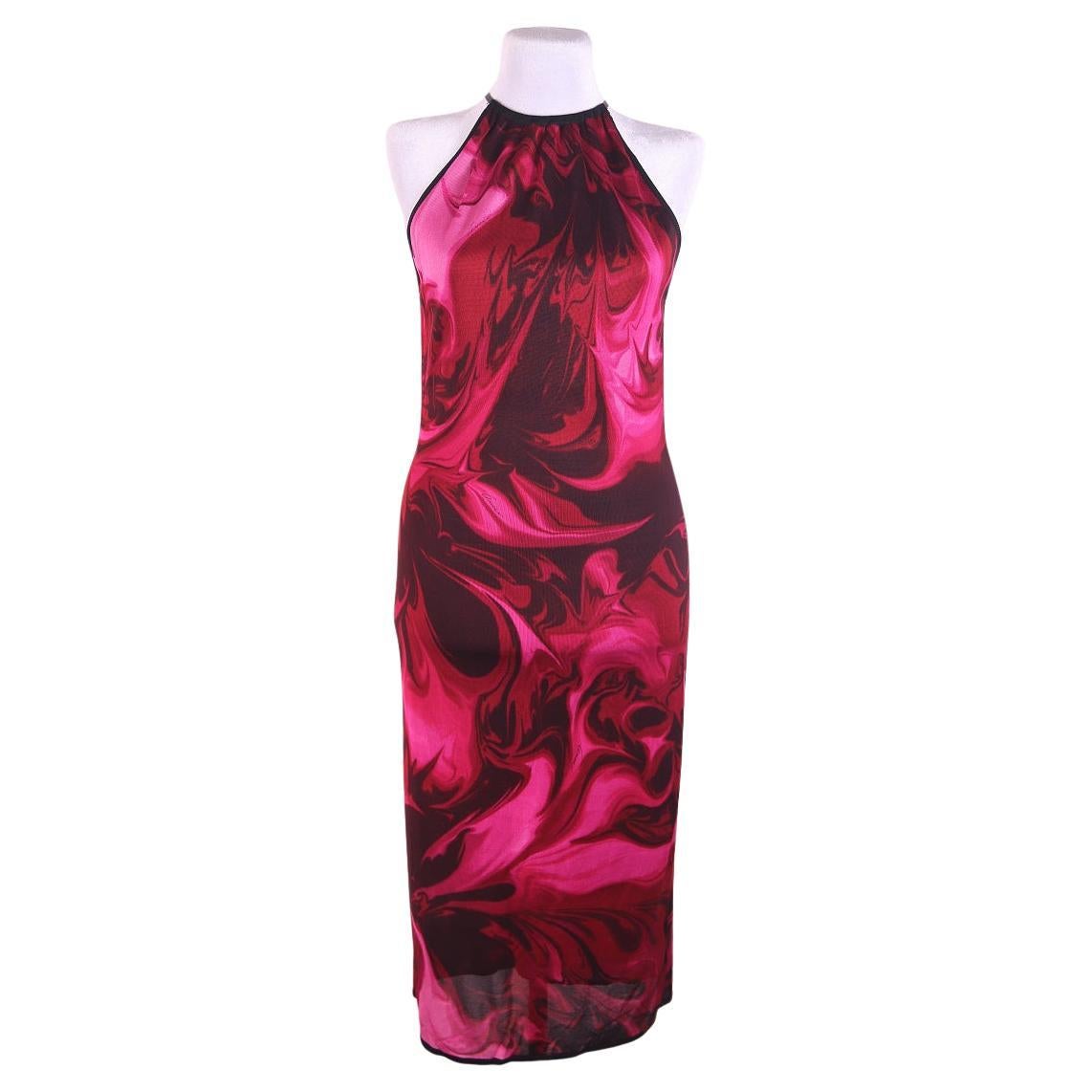 S/S 2001 Gucci by Tom Ford Pink Liquid Magma Print Stretch Knit Halter Dress For Sale