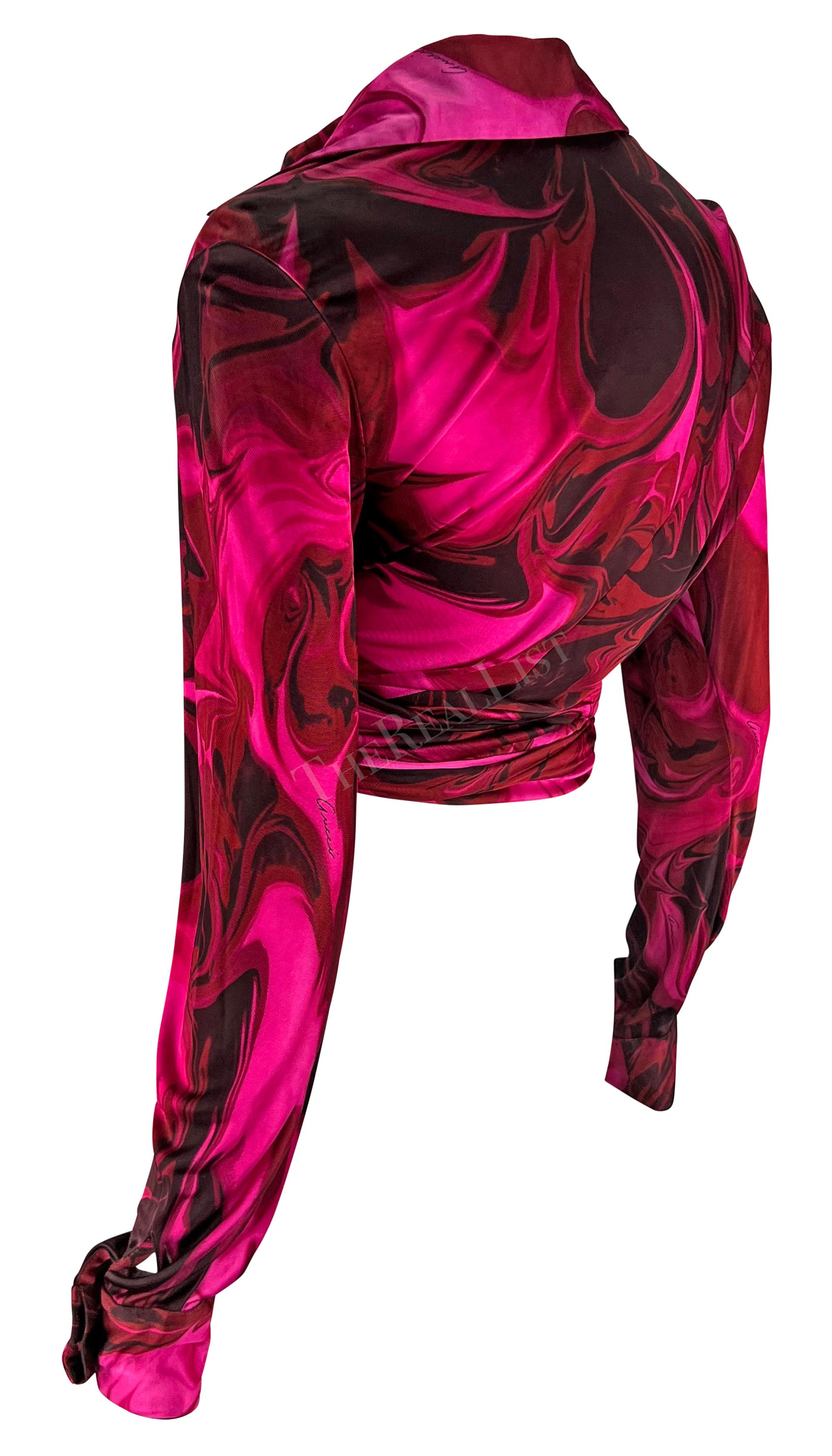 Women's S/S 2001 Gucci by Tom Ford Pink Liquid Magma Print Wrap Blouse Crop Top For Sale
