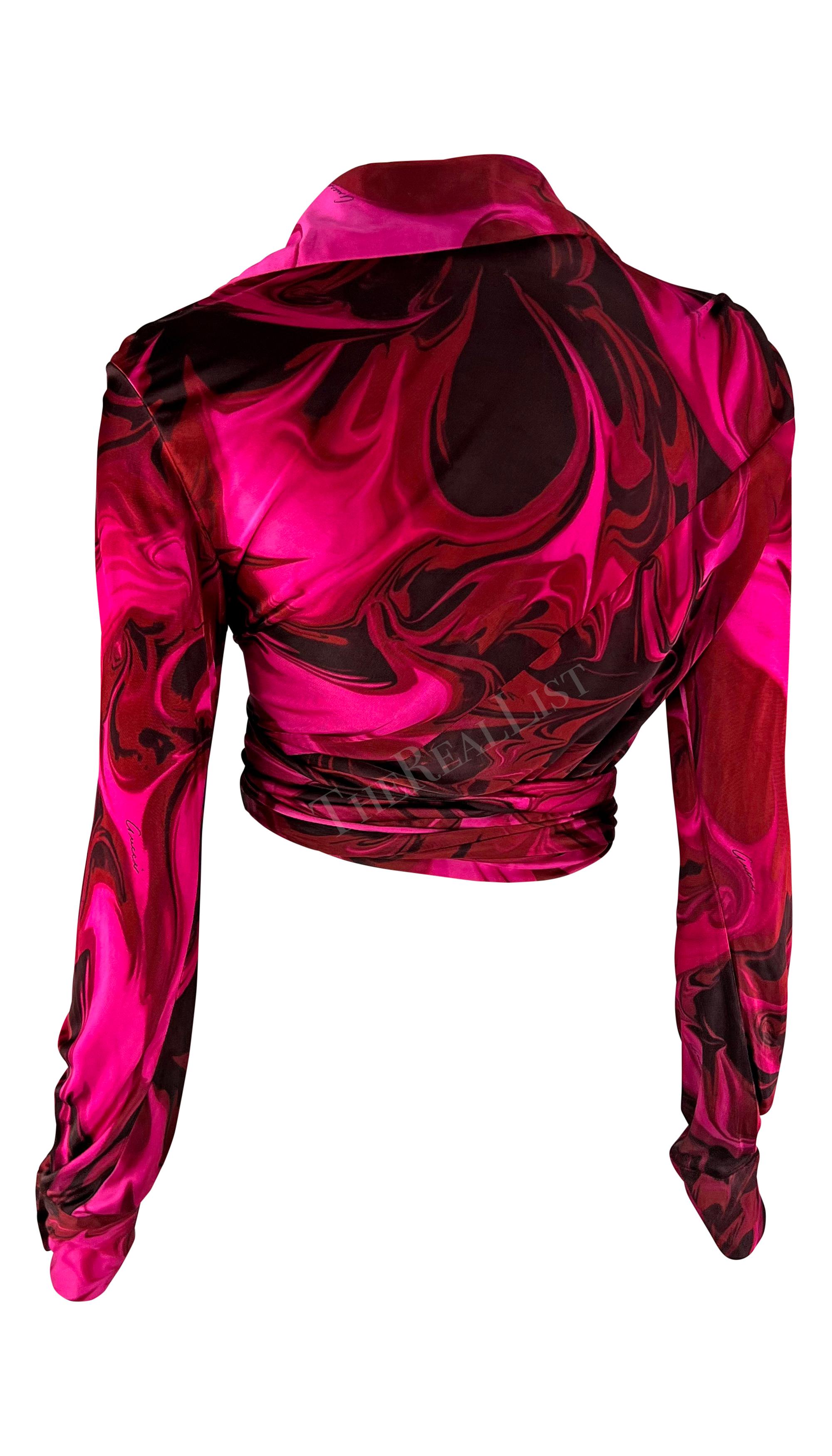 S/S 2001 Gucci by Tom Ford Pink Liquid Magma Print Wrap Blouse Crop Top For Sale 1