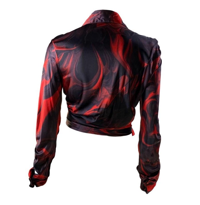 Black S/S 2001 Gucci by Tom Ford Red Liquid Magma Print Wrap Blouse Crop Top