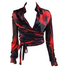 S/S 2001 Gucci by Tom Ford Red Liquid Magma Print Wrap Blouse Crop Top