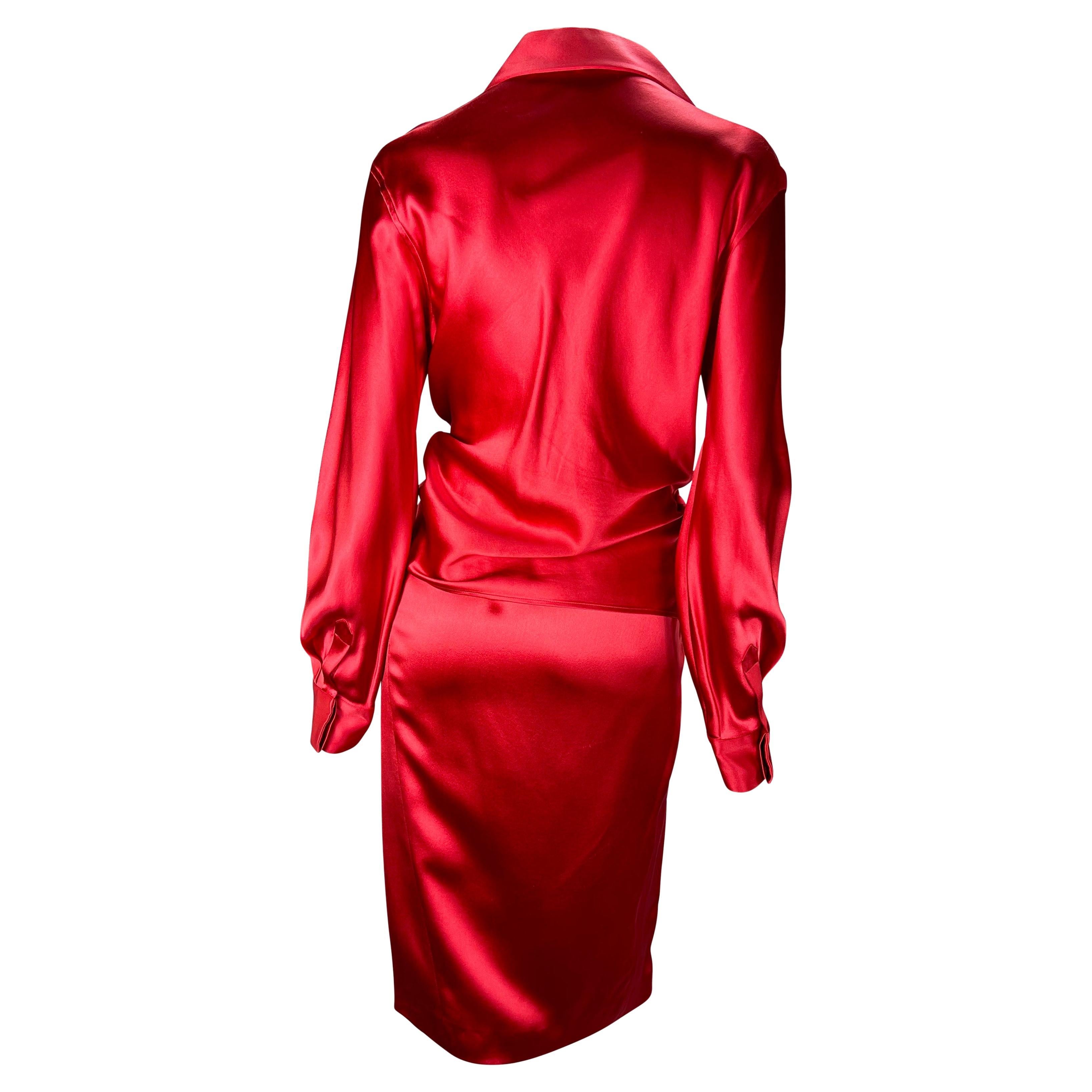 Women's S/S 2001 Gucci by Tom Ford Red Plunging Satin Wrap Top Slit Skirt Set For Sale