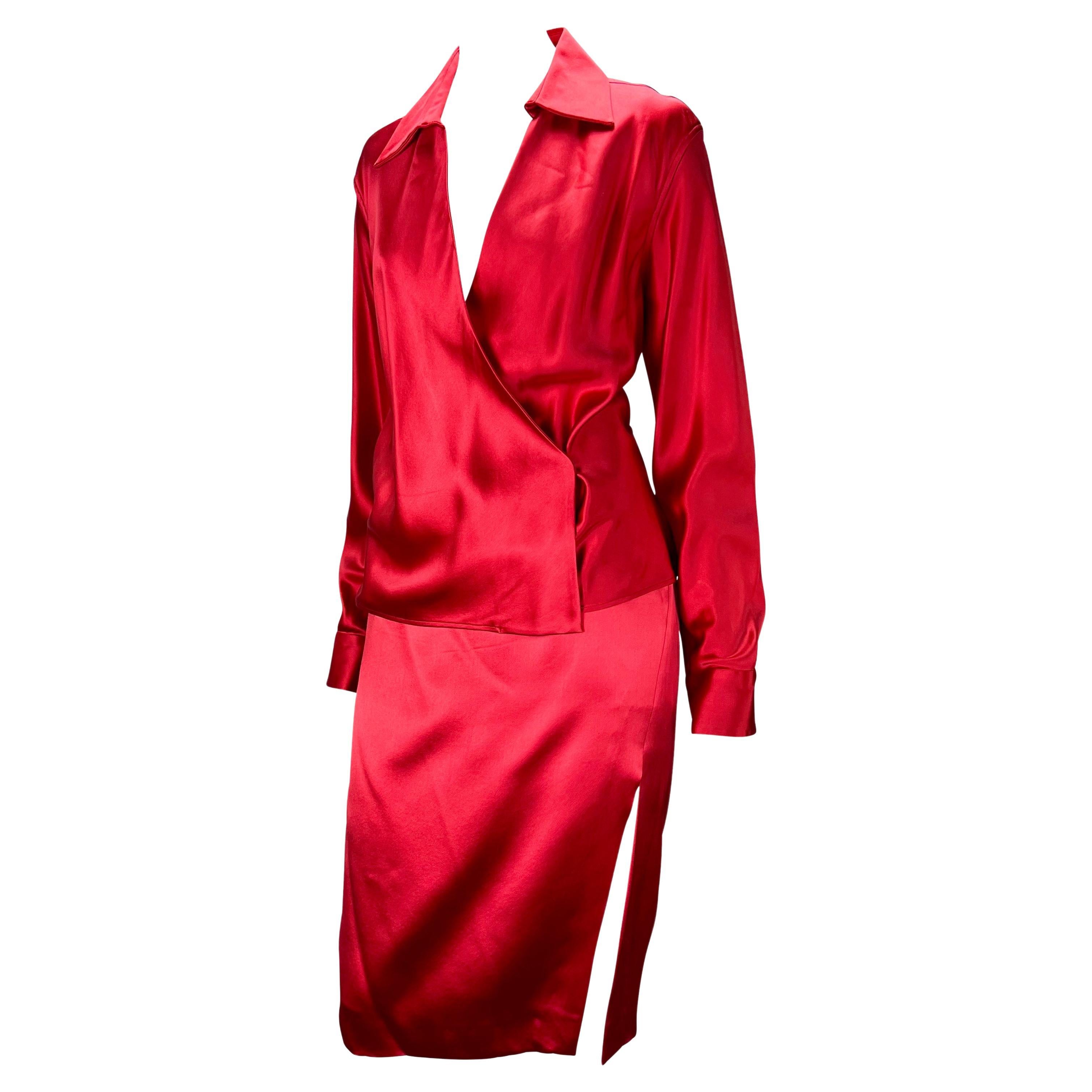 S/S 2001 Gucci by Tom Ford Red Plunging Satin Wrap Top Slit Skirt Set